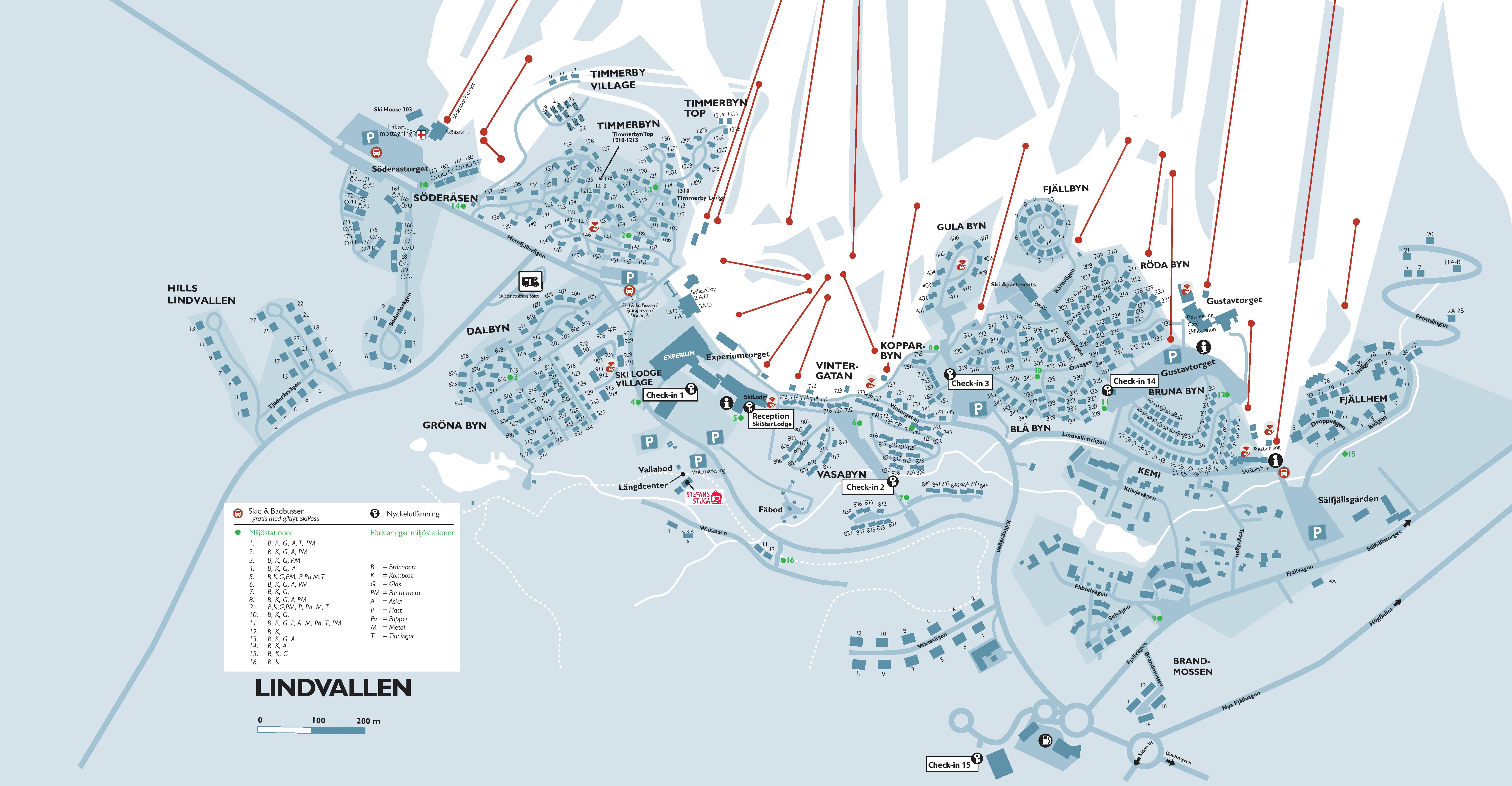 Map of Lindvallen in Sälen, Sweden, showing several ski slopes and villages including Timmerbyn, Söderåsen, and Röda Byn. Orientation for skiing and parking spaces marked