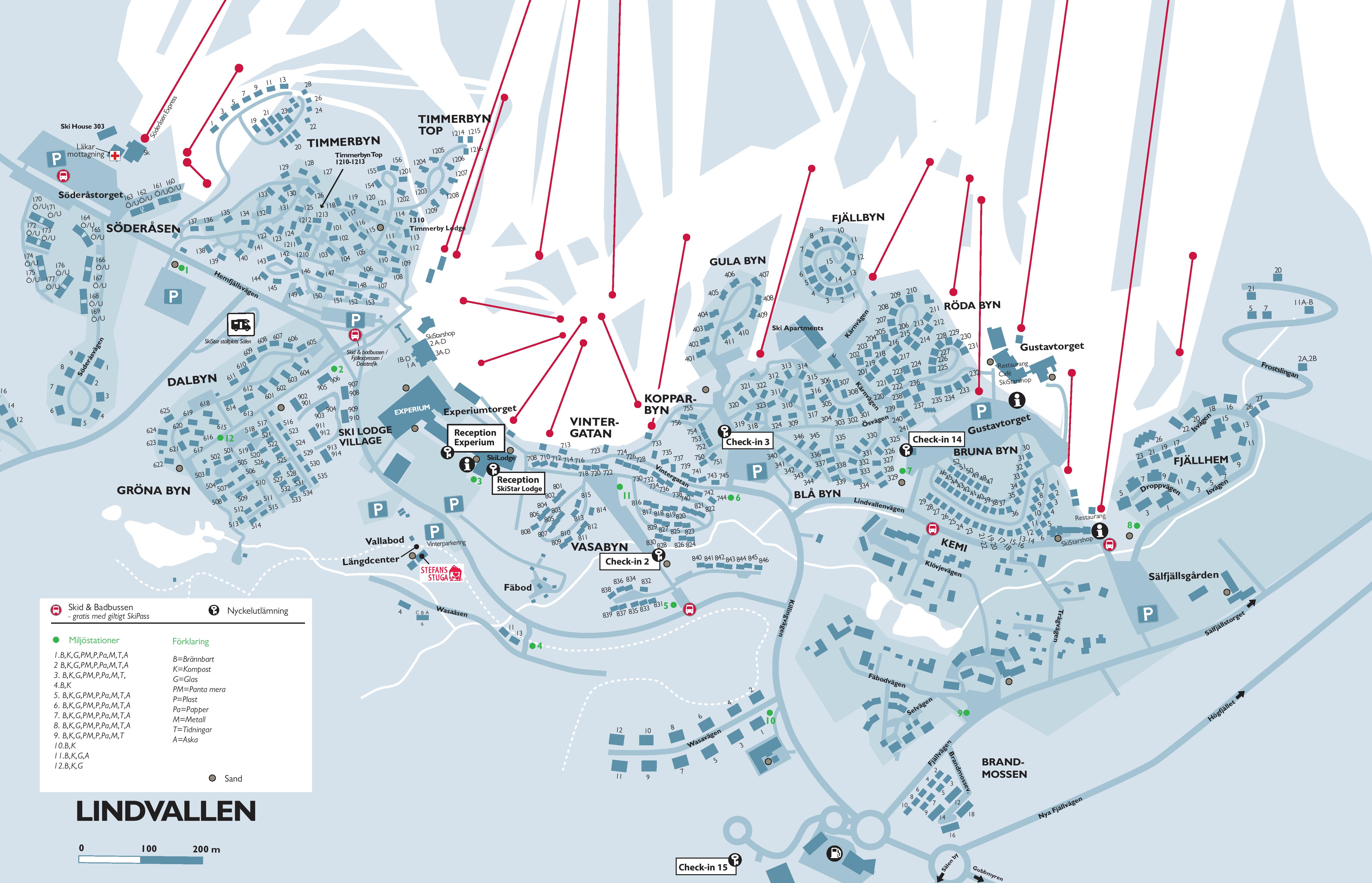 Map of Lindvallen in Sälen, Sweden, showing ski slopes, lift areas, and accommodation areas such as Söderåsen, Timmerbyn, and Vintergatan. Parking lots and receptions are marked