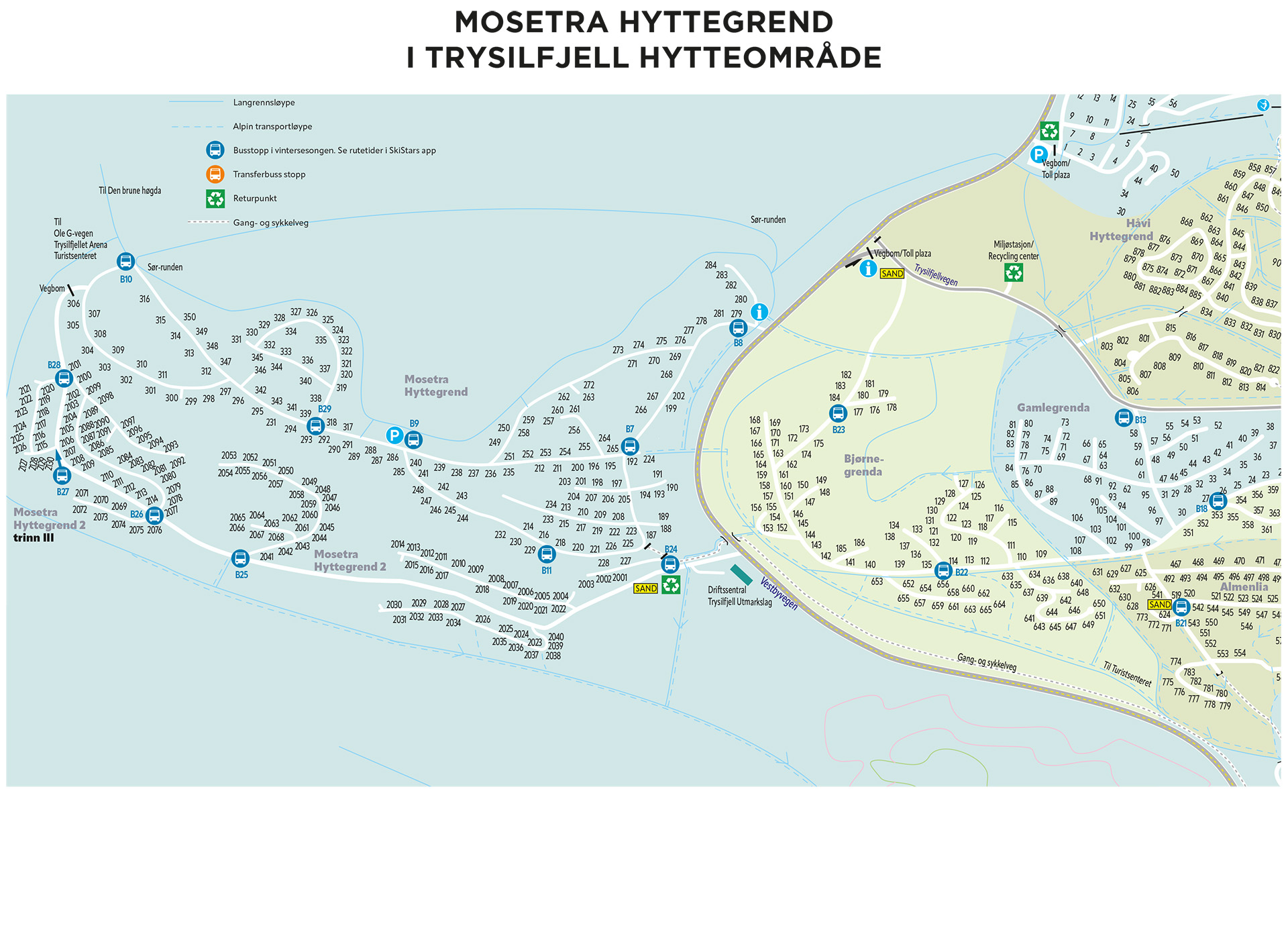 Kart over Mosetra Hyttegrend i Trysilfjell-området, viser hytter, parkeringsplasser og transportveier. Tilpasset for langrenn og sykling