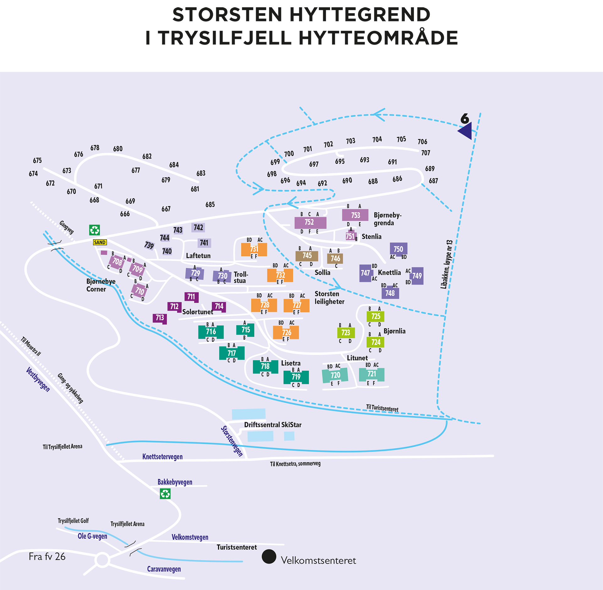 Kart over Storsten Hyttegrend i Trysilfjell Hytteområde, som viser veier, hytter og områdemarkeringer med nummer
