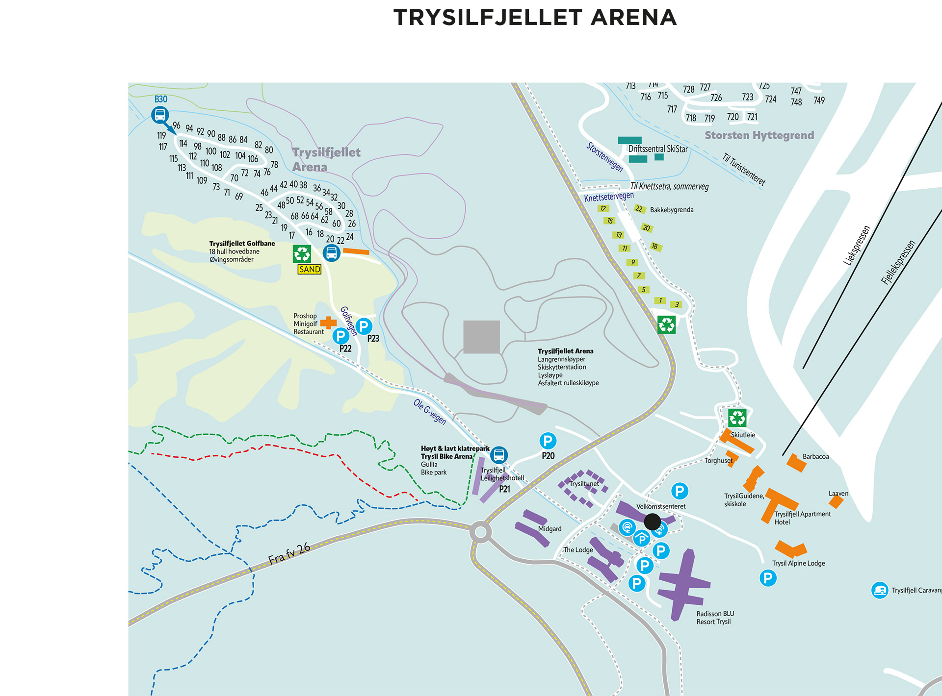 Kart over Trysilfjellet Arena i Norge, med merkede områder for parkering, golfbane, sykkelpark og nærliggende fasiliteter som hotell og restauranter