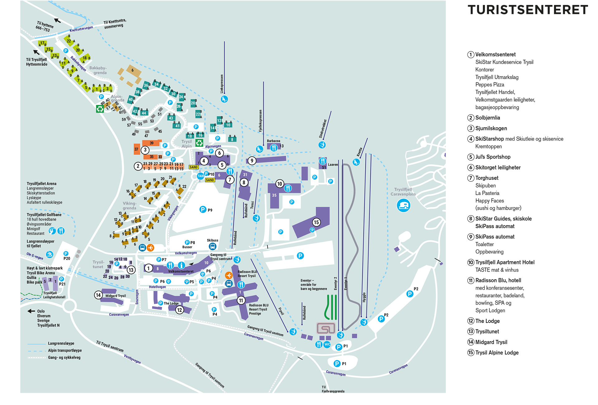 Kart over Trysils turistanlegg som viser overnatting, restauranter og viktige punkter som skiutleie og heiser. Inkluderer hoteller, leiligheter og fritidsfasiliteter med markeringer for ulike aktiviteter og tjenester