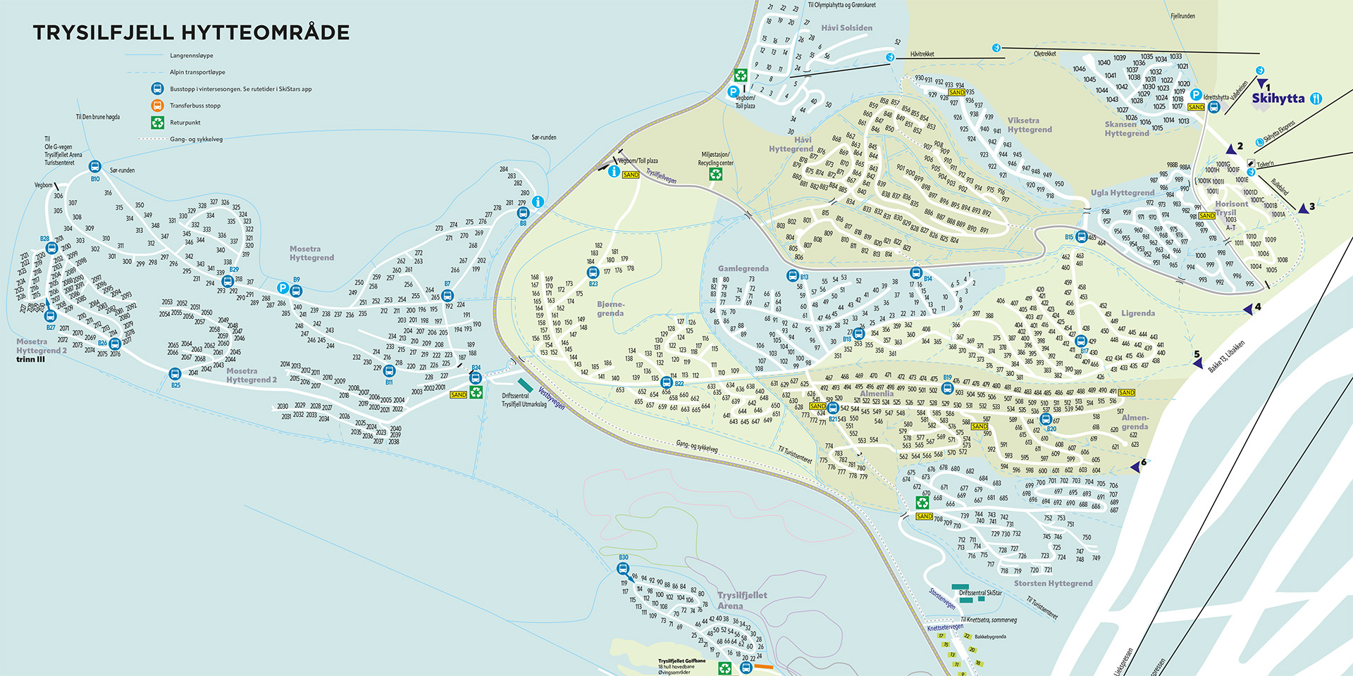 Trysilfjell hytteområde kart over hytteområde med detaljerte veier og nummer for hytteutleie, inkludert skiheiser og løyper
