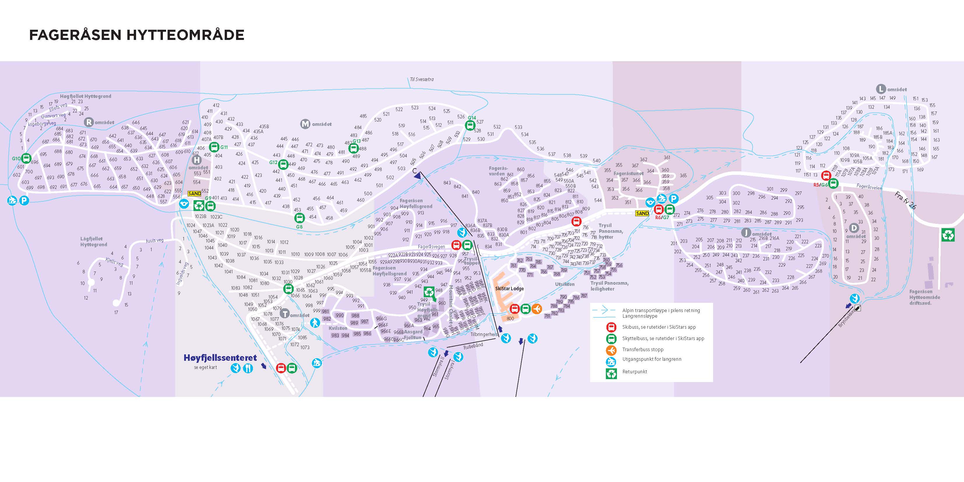 Kart over Fageråsen hytteområde som viser hyttenummer, kollektivtransport, restauranter og aktiviteter