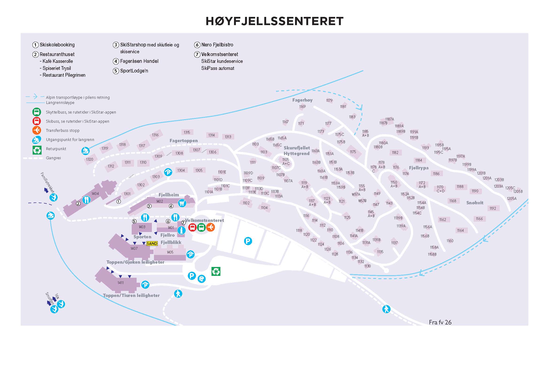 Kart over Høyfjellssenteret i Norge som viser skiannleggets fasiliteter, inkludert restauranter, skiutleie, butikker og overnatting. Veier og transportlinjer er markert for enkel navigering rundt området