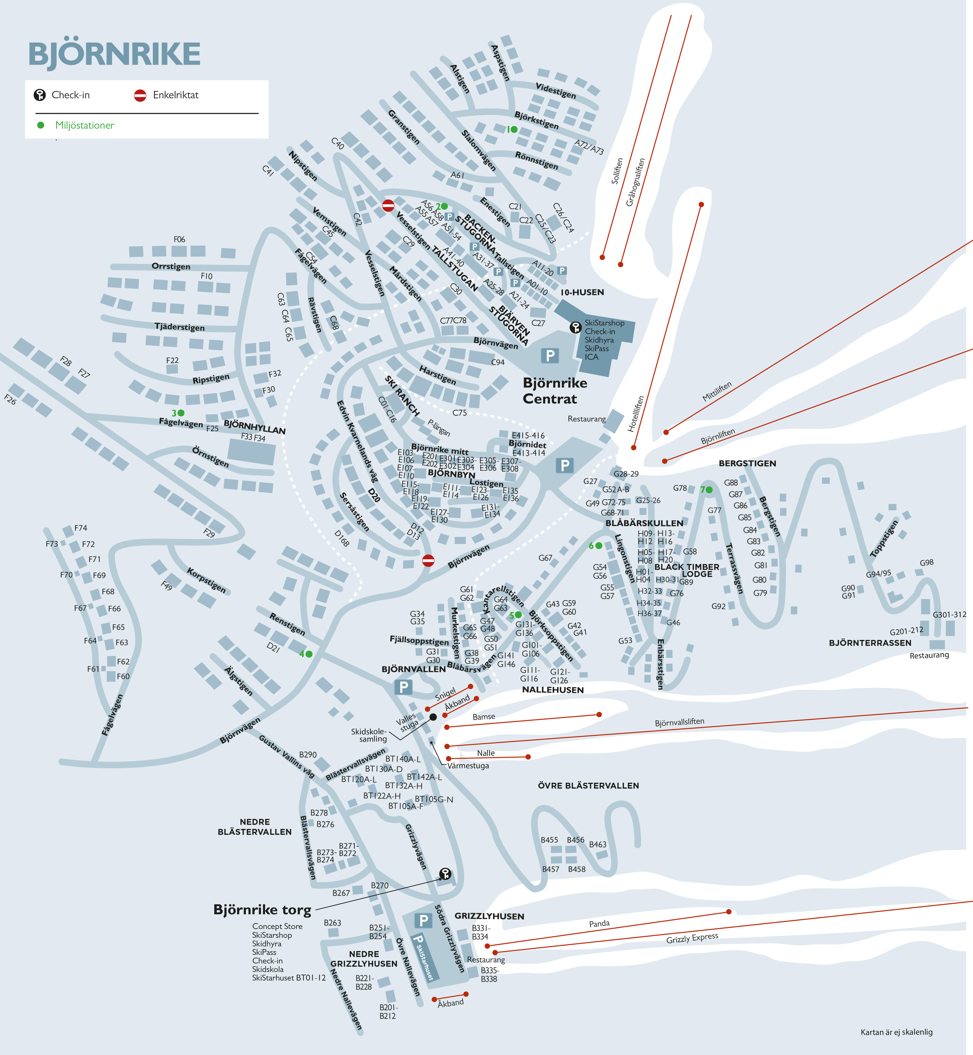 Map of the Björnrike ski area in Sweden with markings for check-in, one-way streets, and recycling stations. The map also shows cabins, parking spaces, and ski lifts