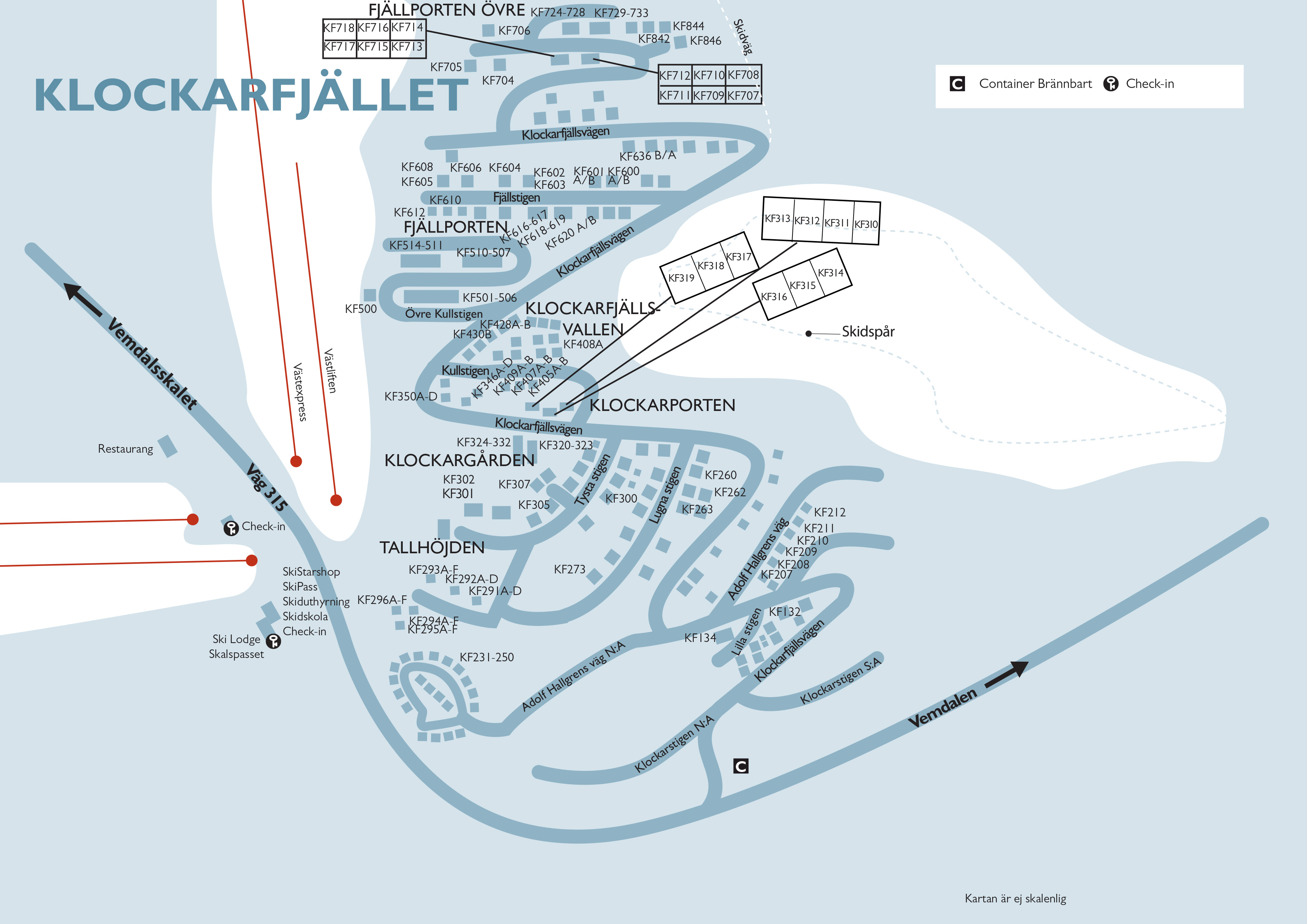 Map of Klockarfjället, Vemdalen, with details about different sections like Klockargården, Tallhöjden, and Fjällporten. Ski trails and roads such as Vemdalsskalet and road 315 are marked. Check-in and restaurants are also visible on the map