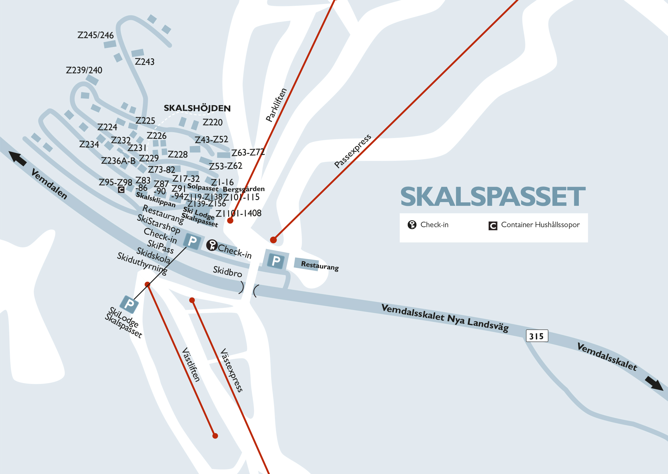 Map of Skalsfjället's lift system in Vemdalen, Sweden. Showing ski slopes, lift names such as Skalsfjället and Västliften, as well as service locations like restaurants and check-in
