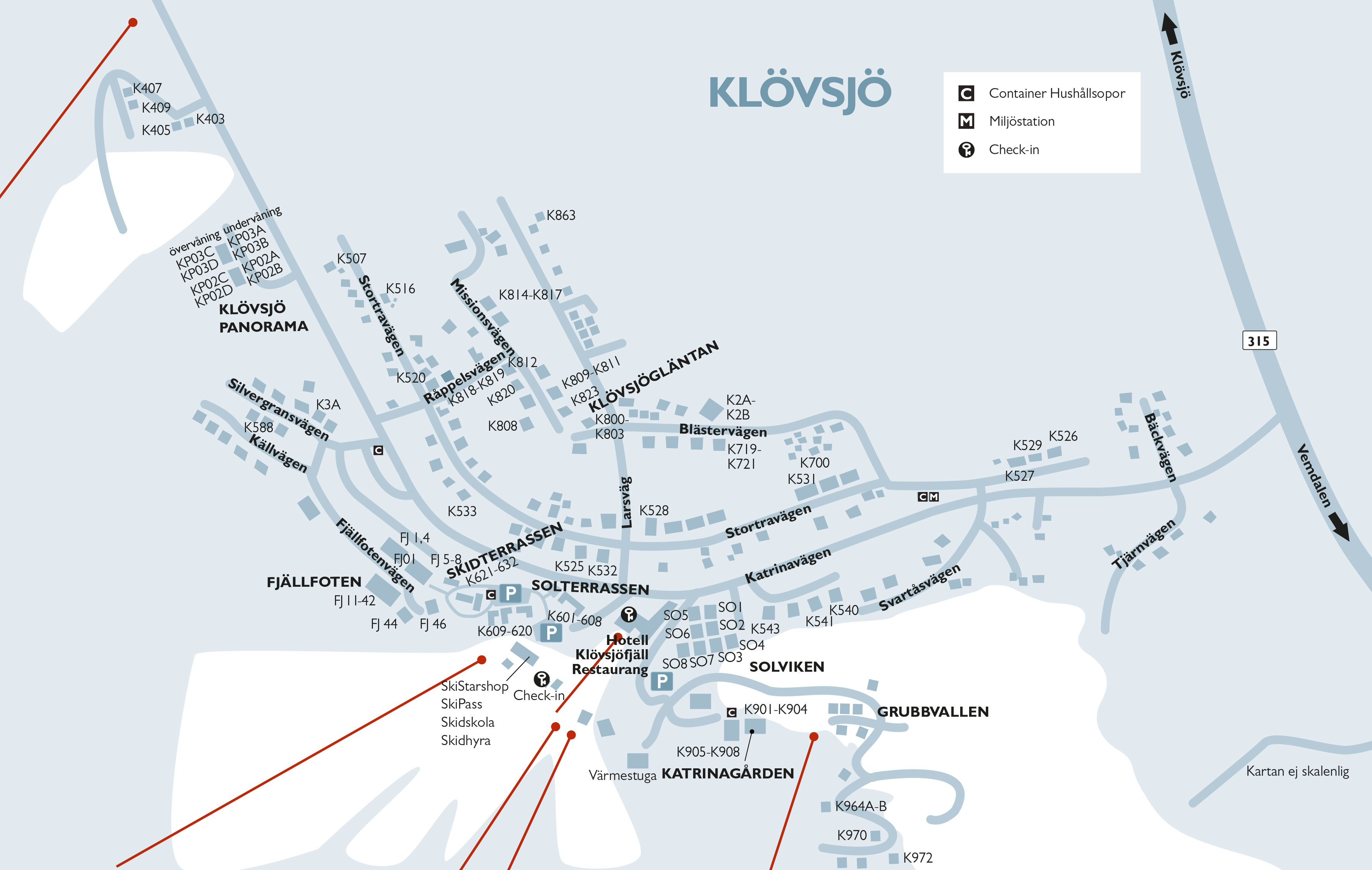 Map of Klövsjö, including areas such as Klövsjö Panorama, Solterrassen, Solviken, and Grubbvallen. Displays roads like Storraravägen and Katrinavägen, with markings for container locations, recycling stations, and check-in points. Hotel Klövsjöfjäll and ski facilities are highlighted