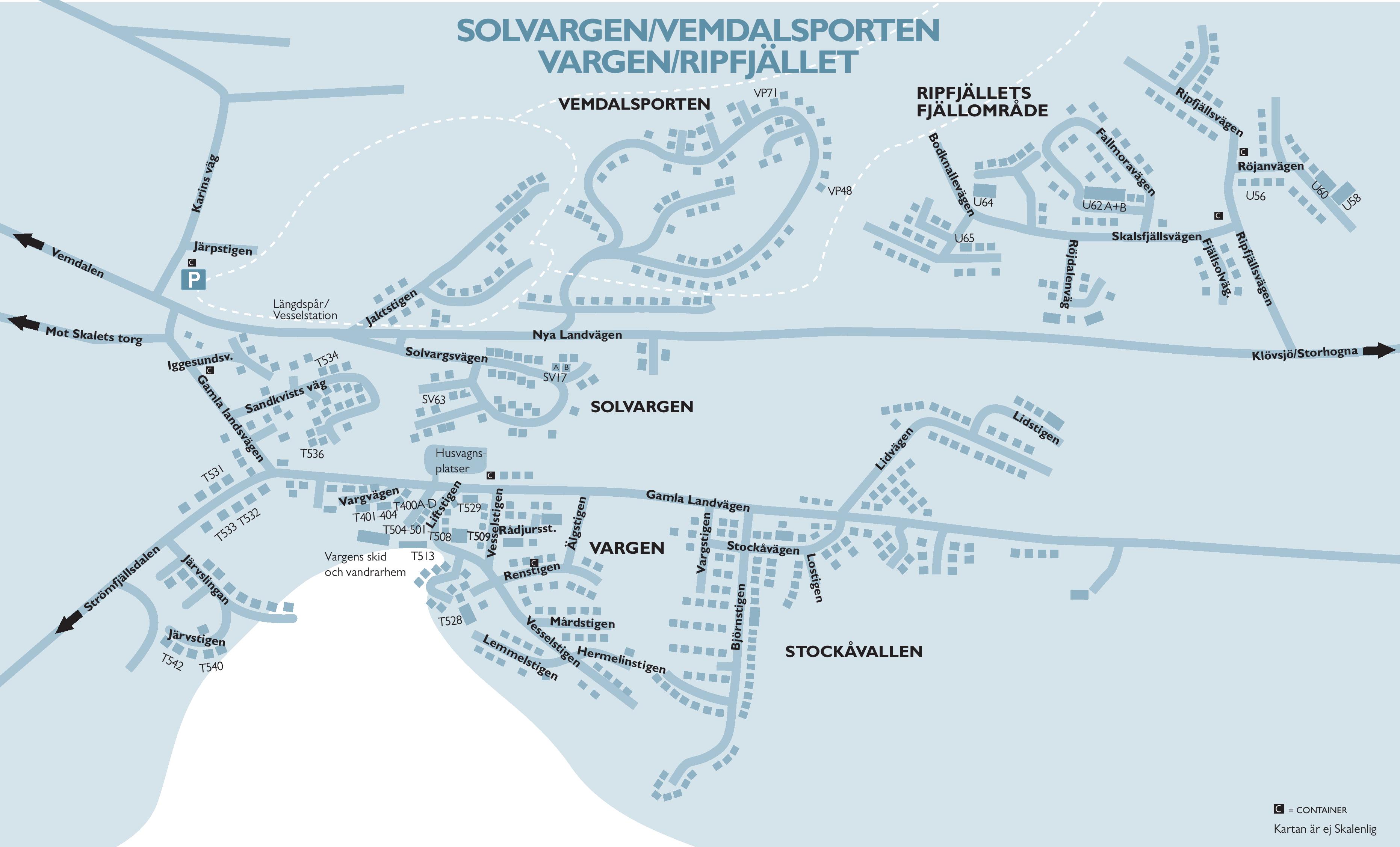 Map of Solvargen, Vemdalsporten, and Ripfjället with roads such as Solvargvägen, Nya Landsvägen, and Klövsjövägen marked. The areas also include Vargen and Stockåvallen, as well as facilities and slopes