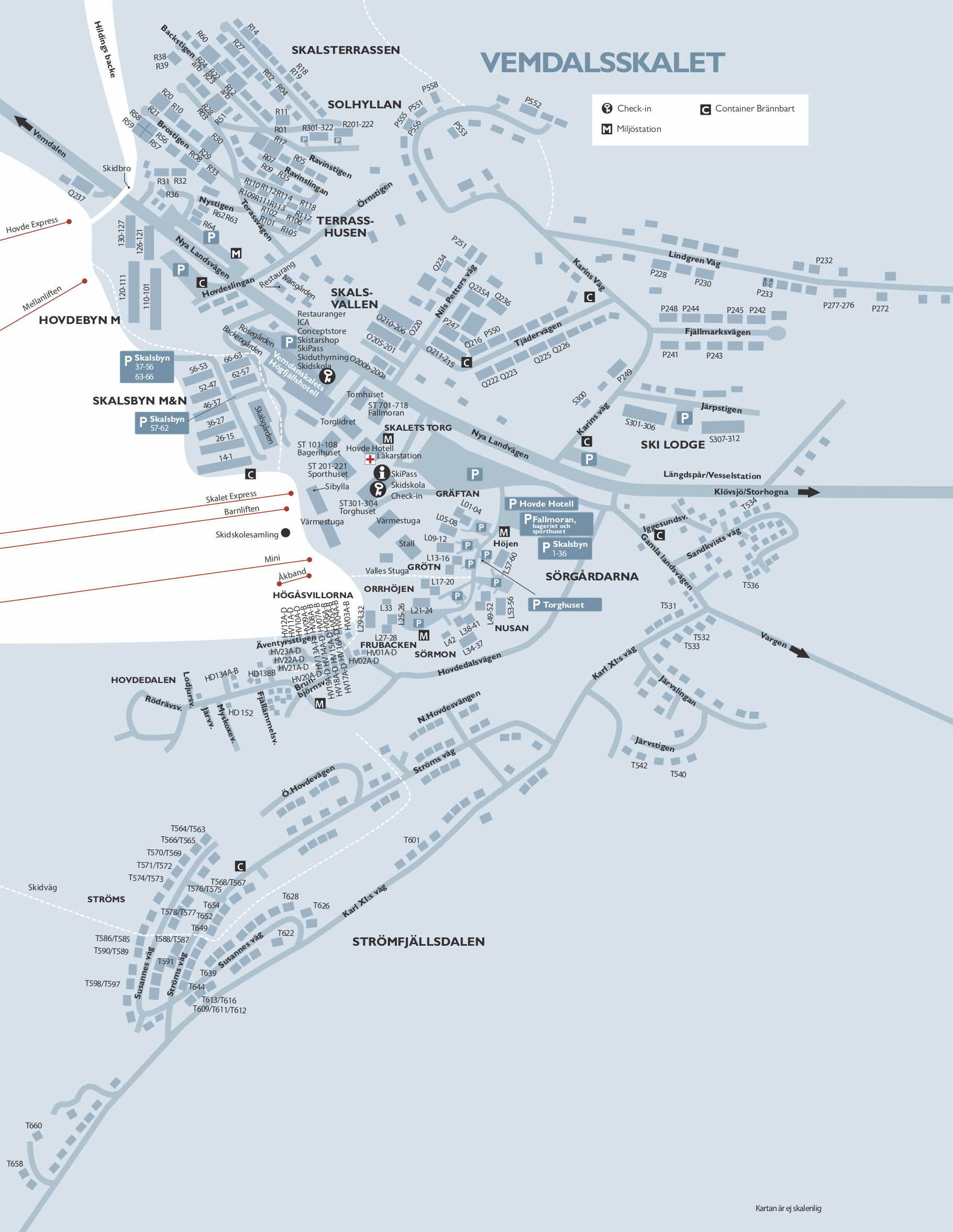 Map of Vemdalsskalet with markings for important places such as Skalets Square, Skalet Express, and parking areas. Displays surroundings, roads, and accommodation options for visitors