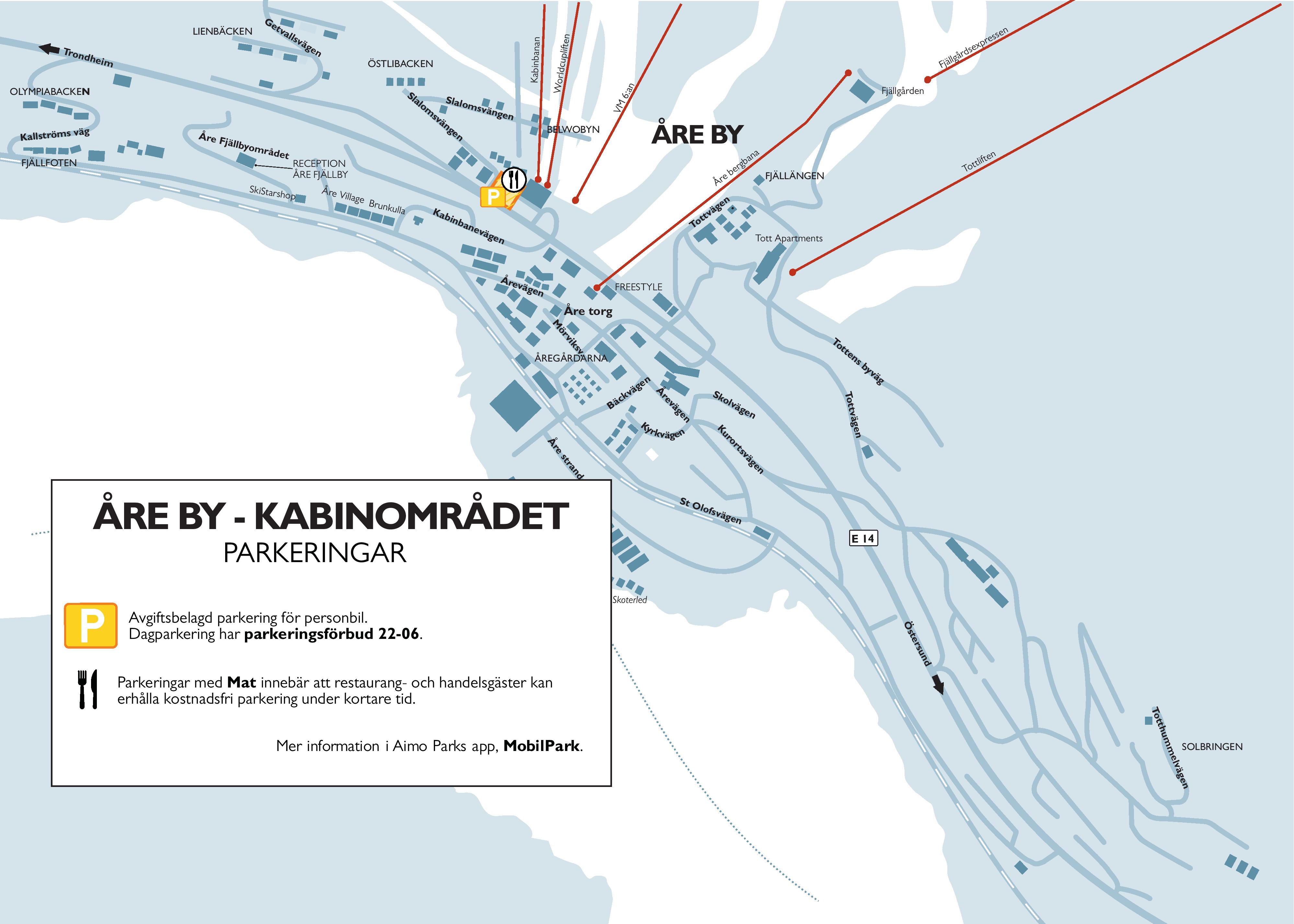 Karta över parkeringsplatser i Åre by och kabinområdet, visar parkeringsregler och förbudstider