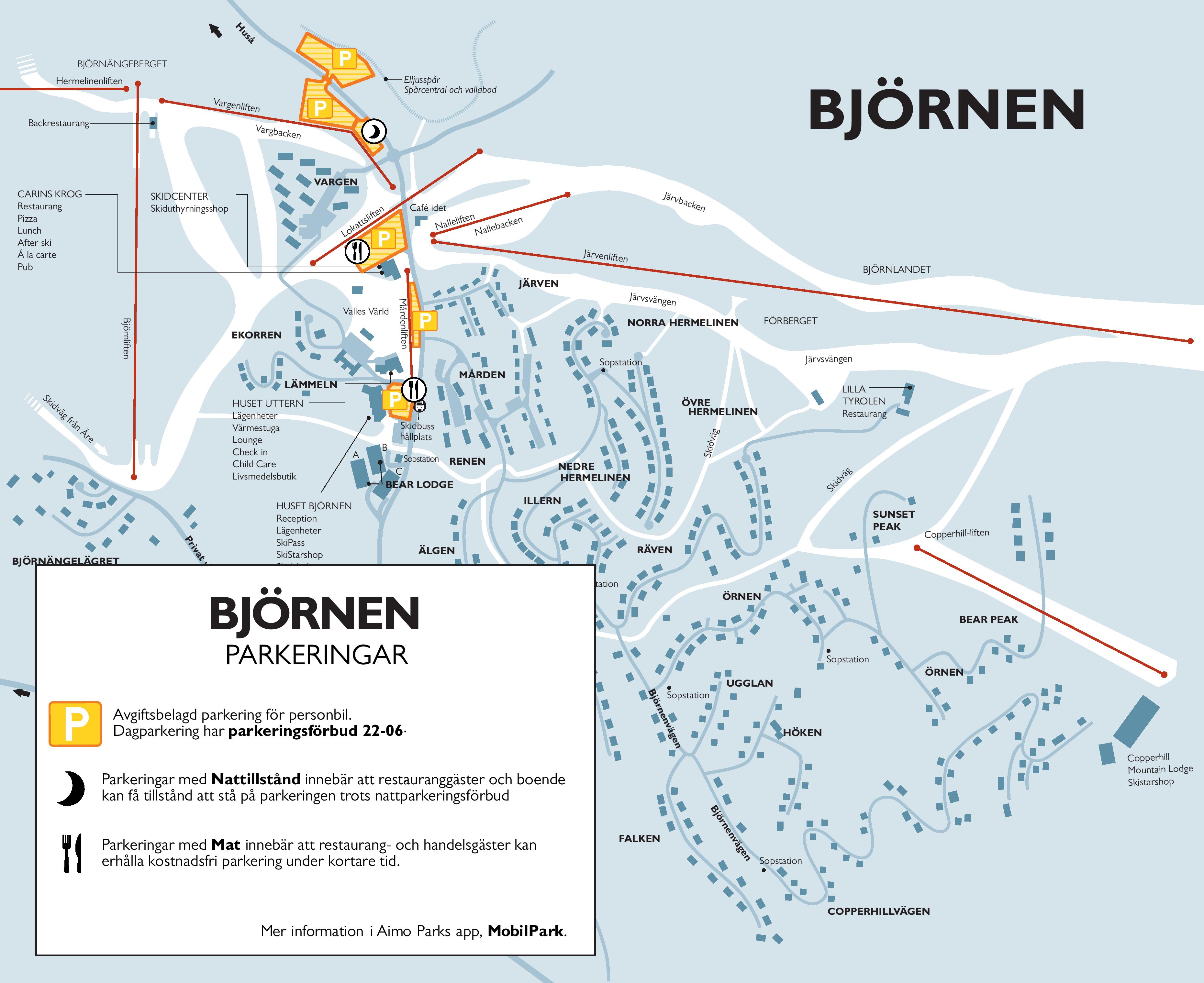 Karta över Björnen med detaljering av parkeringsområden, skidcenter och restauranger. Visar vägar som Vargvägen och Hermelinvägen, samt platser som Sunset Peak och Lilla Tyrolen. Information om parkeringsrestriktioner och måltidsparkering i området