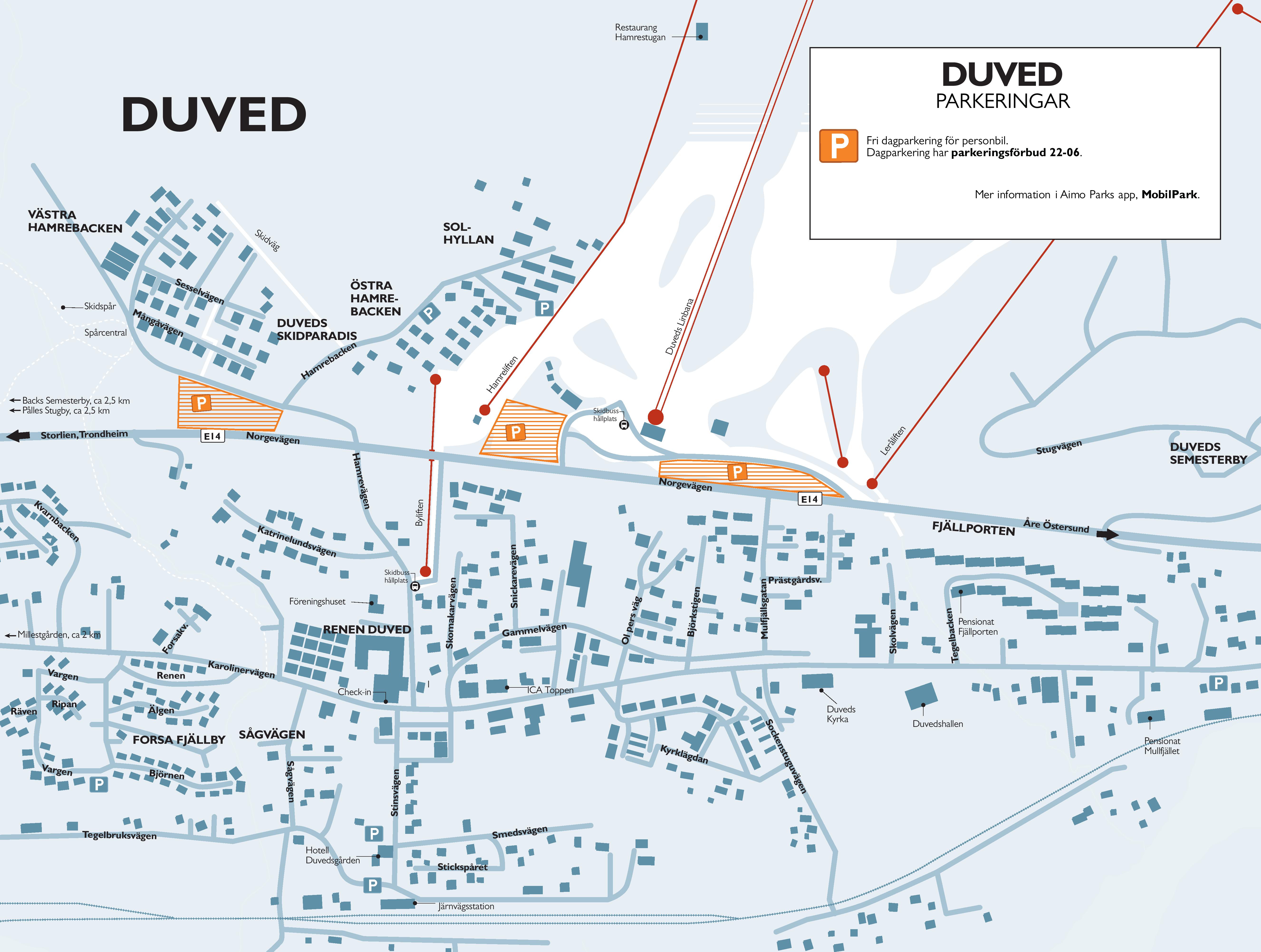 Karta över Duved som visar parkeringsområden inklusive gratis parkeringsplatser och tidsbegränsningar. Visar också centrala vägar och nära liggande landmärken som Duveds Skidparadis och Fjällporten