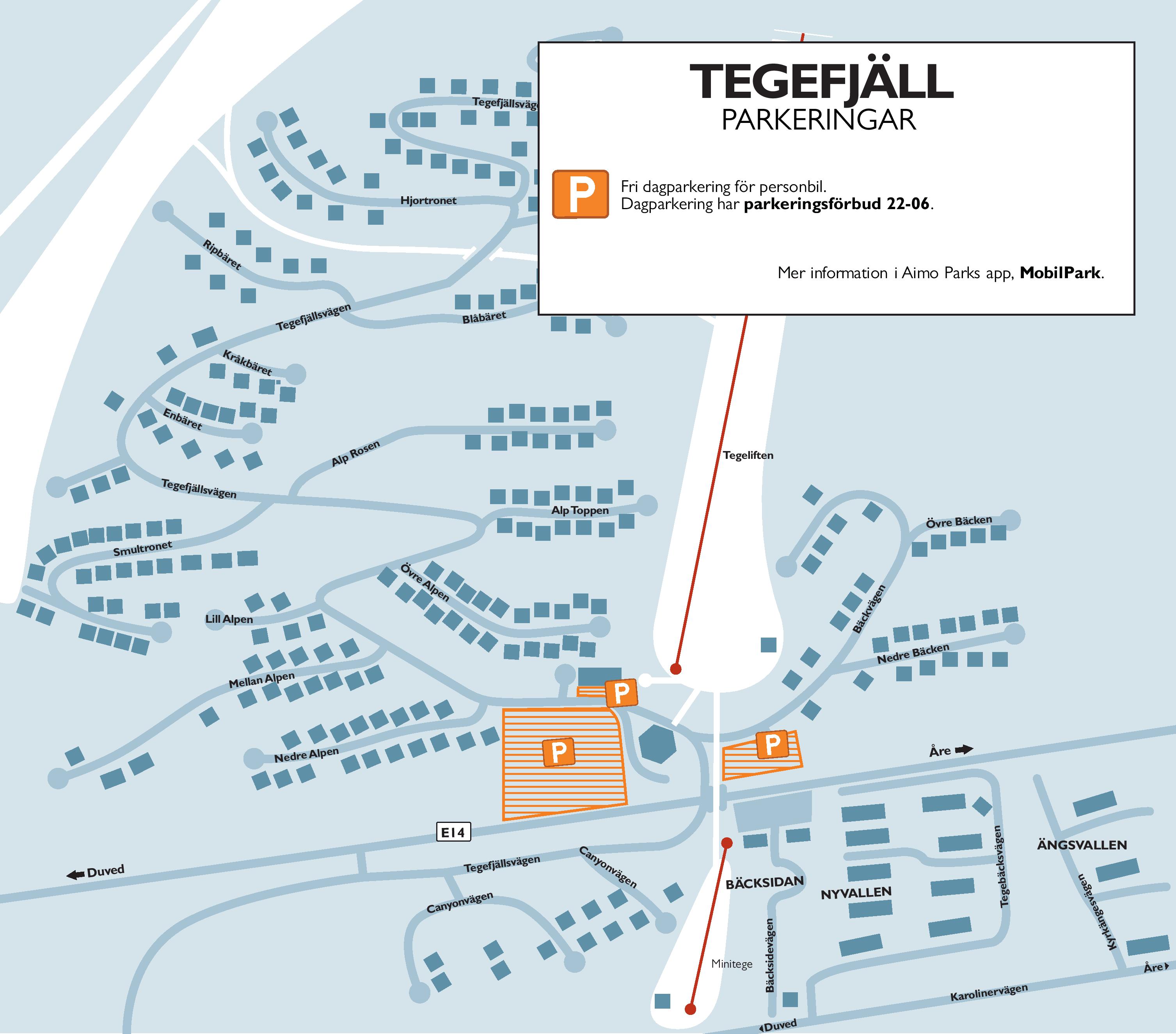 Karta över Tegefjäll med parkeringsområden markerade i orange. Information om fri dagparkering för personbil mellan kl. 22-06. Tegefjällsliftens läge och närliggande vägar synliga. Mer information i Aimo Parks app, MobilPark