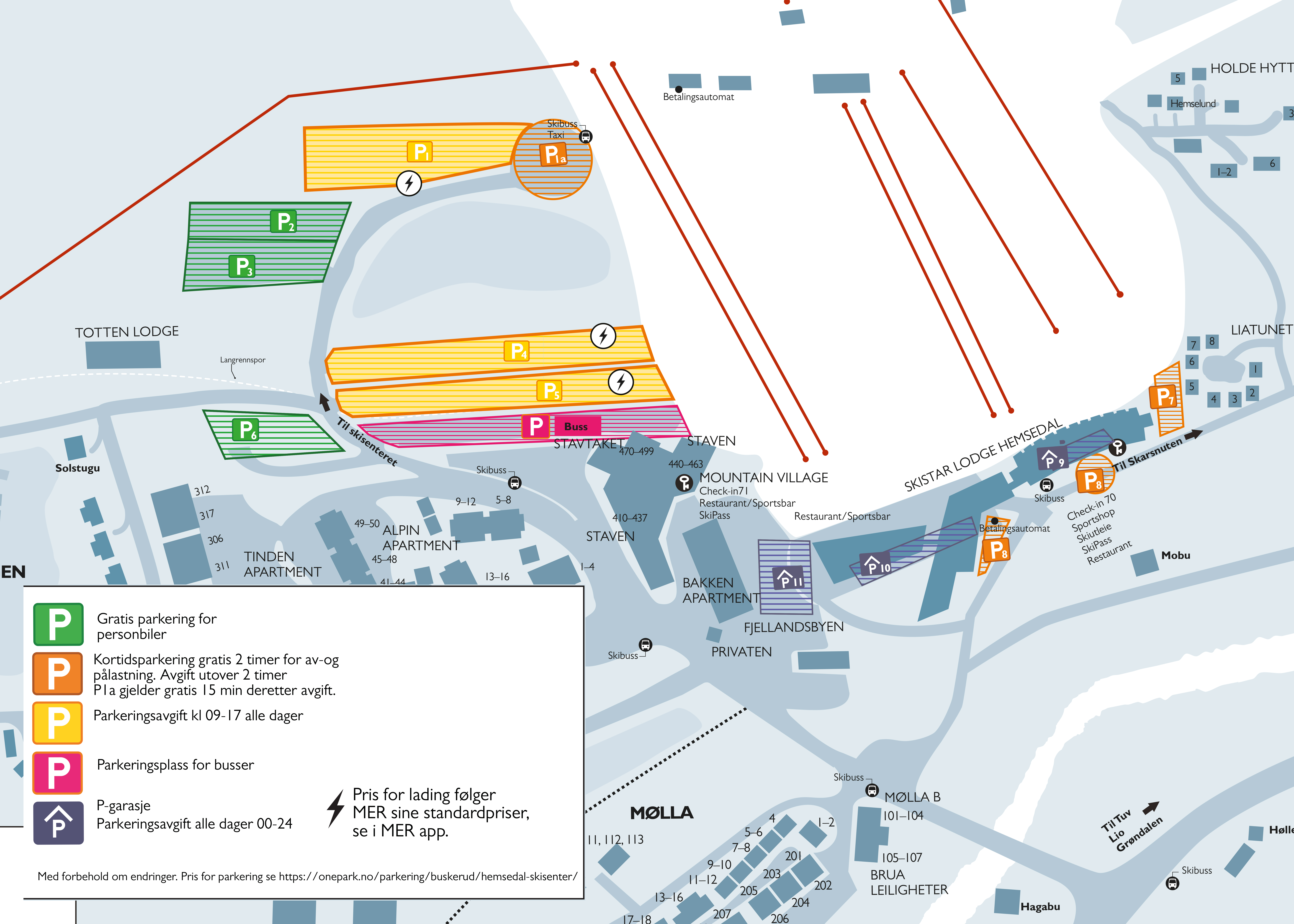 Parkeringskarta för skidområdet Hemsedal, med markerade områden för gratis parkering, korttidsparkering, bussparkering och laddningsstationer. Kända platser som Skistar Lodge och Totten Lodge är utmärkta