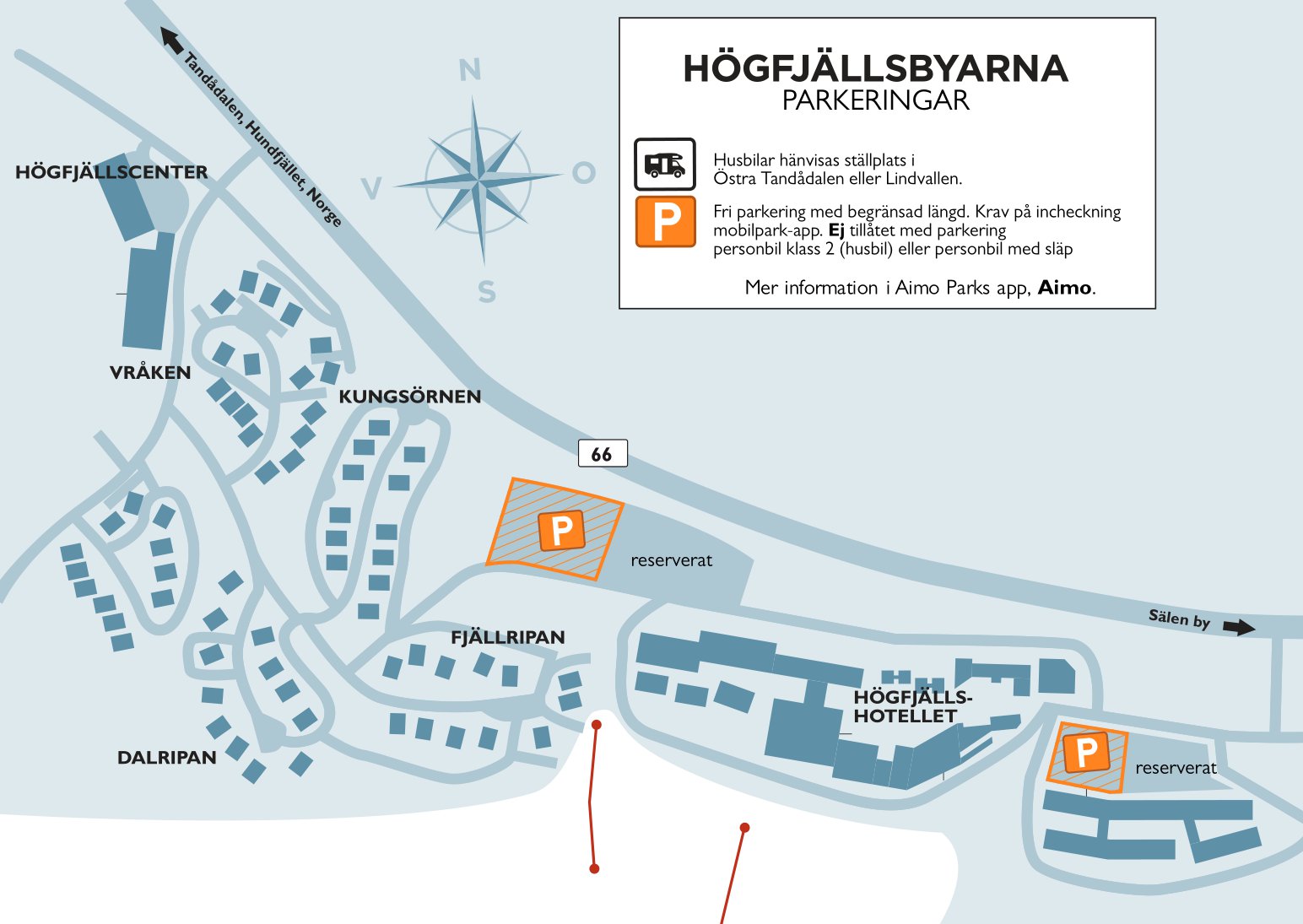 Karta över Högfjällsbyarna parkeringsområden i Sälen, Sverige, inklusive Högfjällshotellet, Vråken, Kungsörnen och Dalripans områden, med parkeringsinformation och app-rekommendationer för Aimo Park