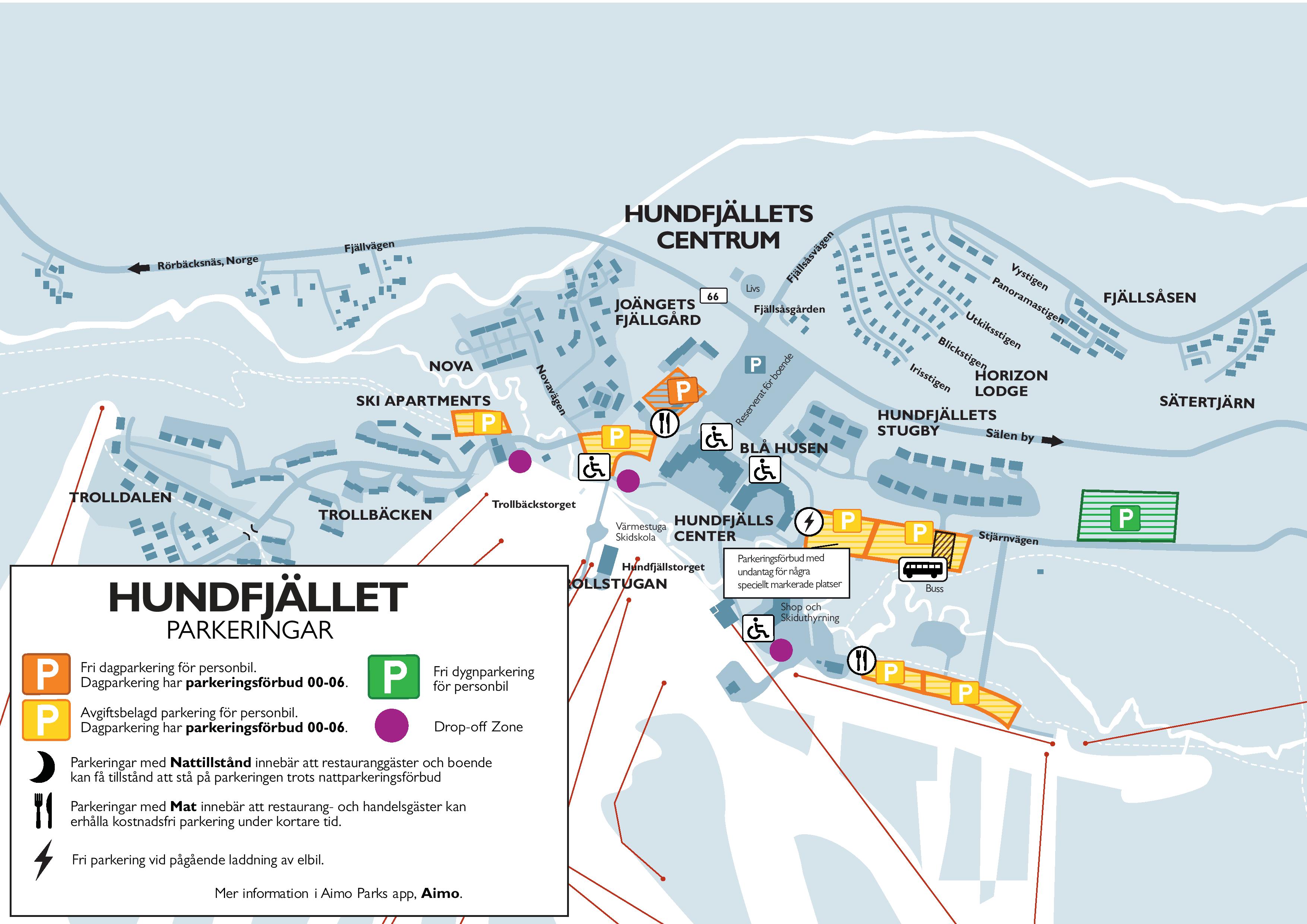 Karta över parkeringar i Hundfjället, Sälen. Visar olika parkeringstyper inklusive gratis och avgiftsbelagda platser nära centrala faciliteter som Hundfjällscenter och Blå Huset. Markeringar för handikapparkering och laddstationer finns också
