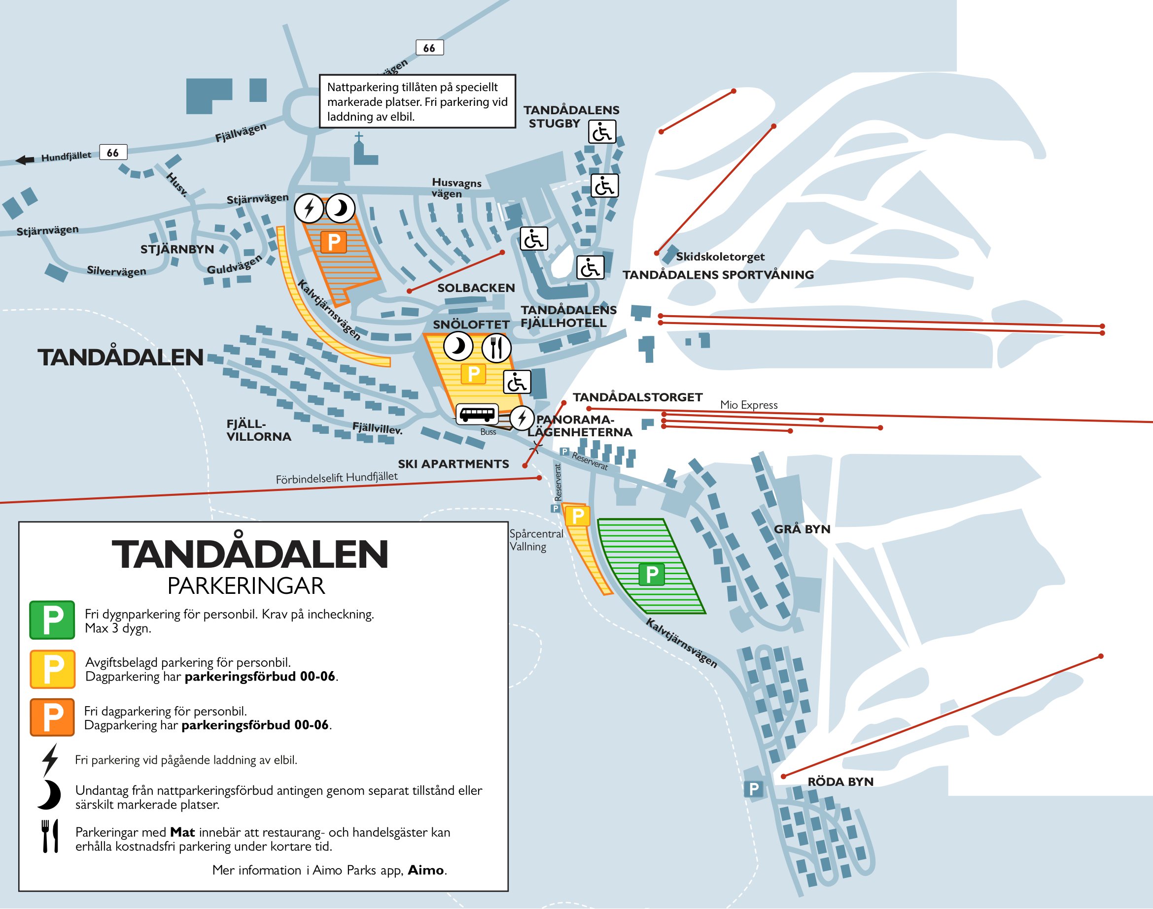 Karta över Tandådalens parkeringsområden, inklusive fria och avgiftsbelagda parkeringsplatser samt laddningsstationer för elbilar. Informationen inkluderar specifika parkeringsregler och områden för husvagnar och turistboende