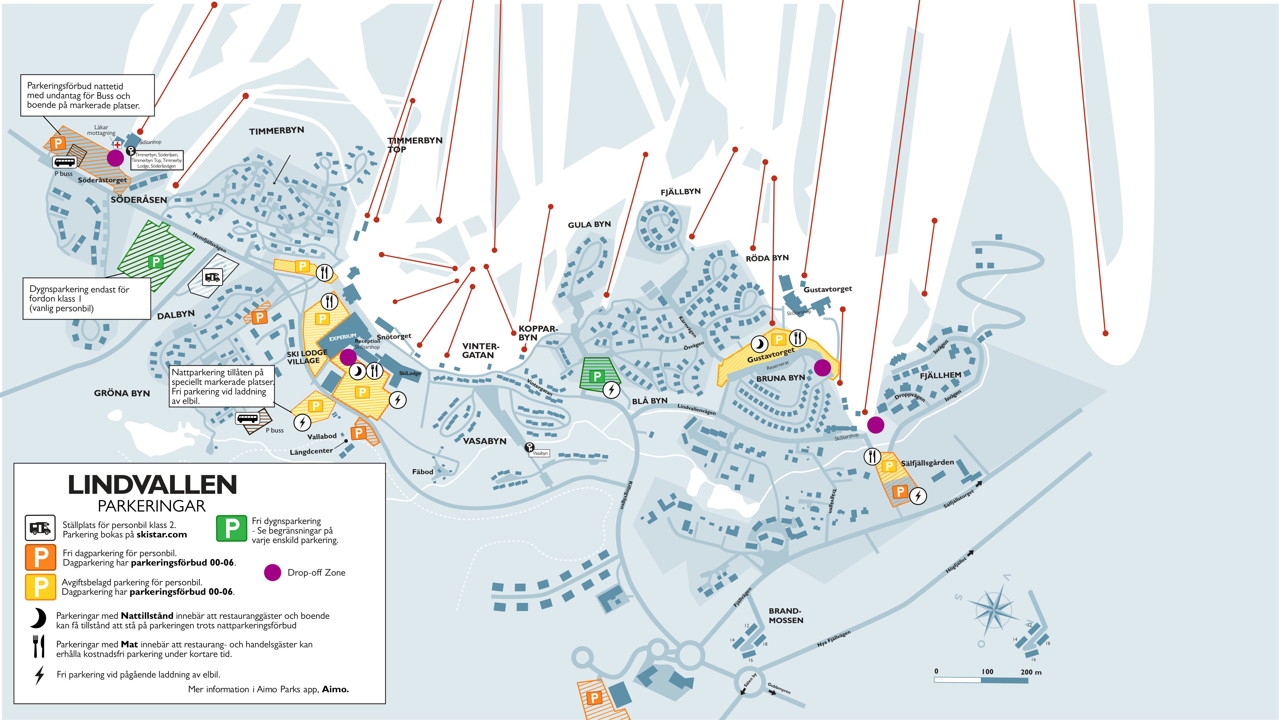 Karta över Lindvallen i Sälen som visar parkeringsområden, busshållplatser och drop-off zoner. Platserna Timmerbyn, Söderåsen, Grönabyn, Gula Byn och Bruna Byn är markerade tillsammans med information om parkeringsregler och faciliteter