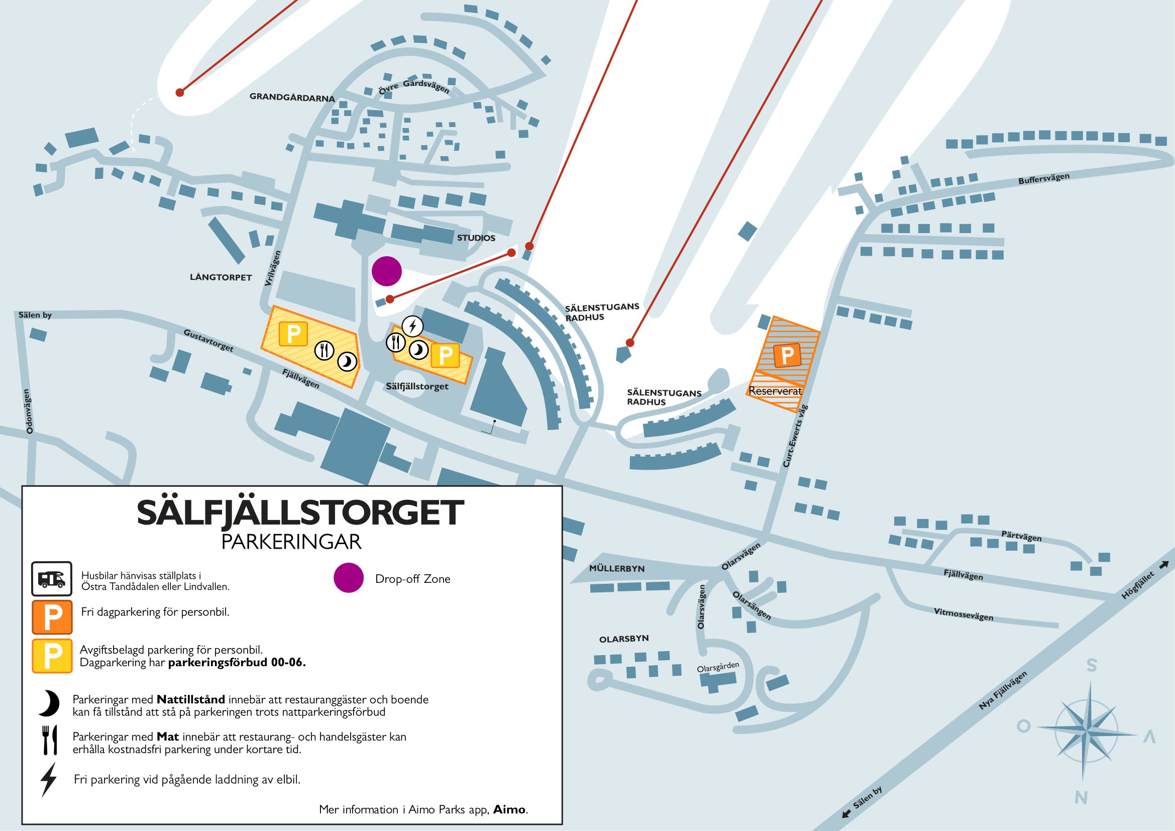 Karta över Sälfjällstorget i Sälen som visar parkeringsområden, drop-off-zon och reserverade platser för husbilar. Gratis och avgiftsbelagd parkering tillgänglig. Information om nattillstånd och laddning av elbilar ingår