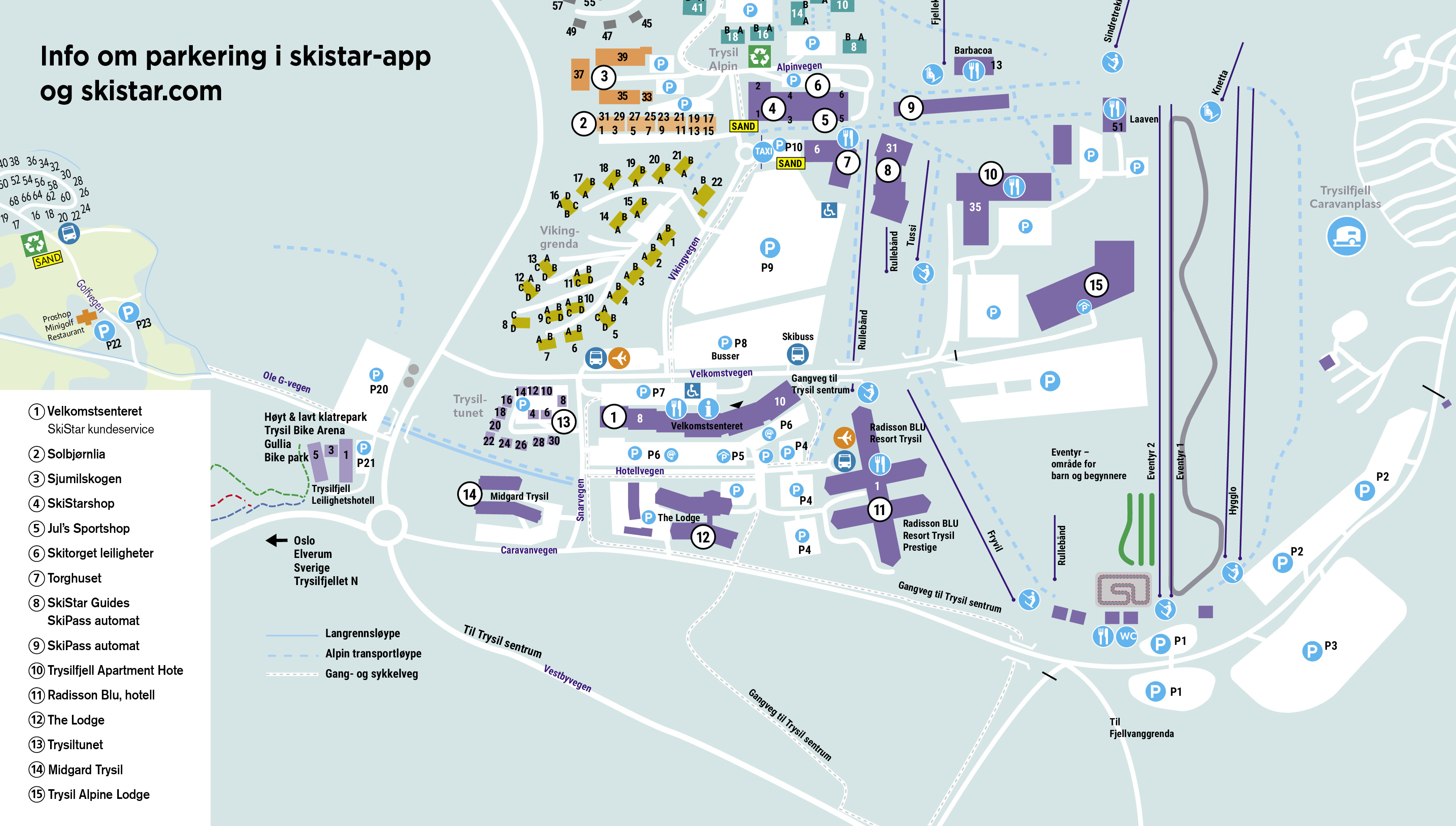Karta över Trysil med parkeringsplatser, skidområden och faciliteter markerade. Innehåller information om entréer, hotell, och gångvägar. Perfekt för att planera ditt besök på Trysil