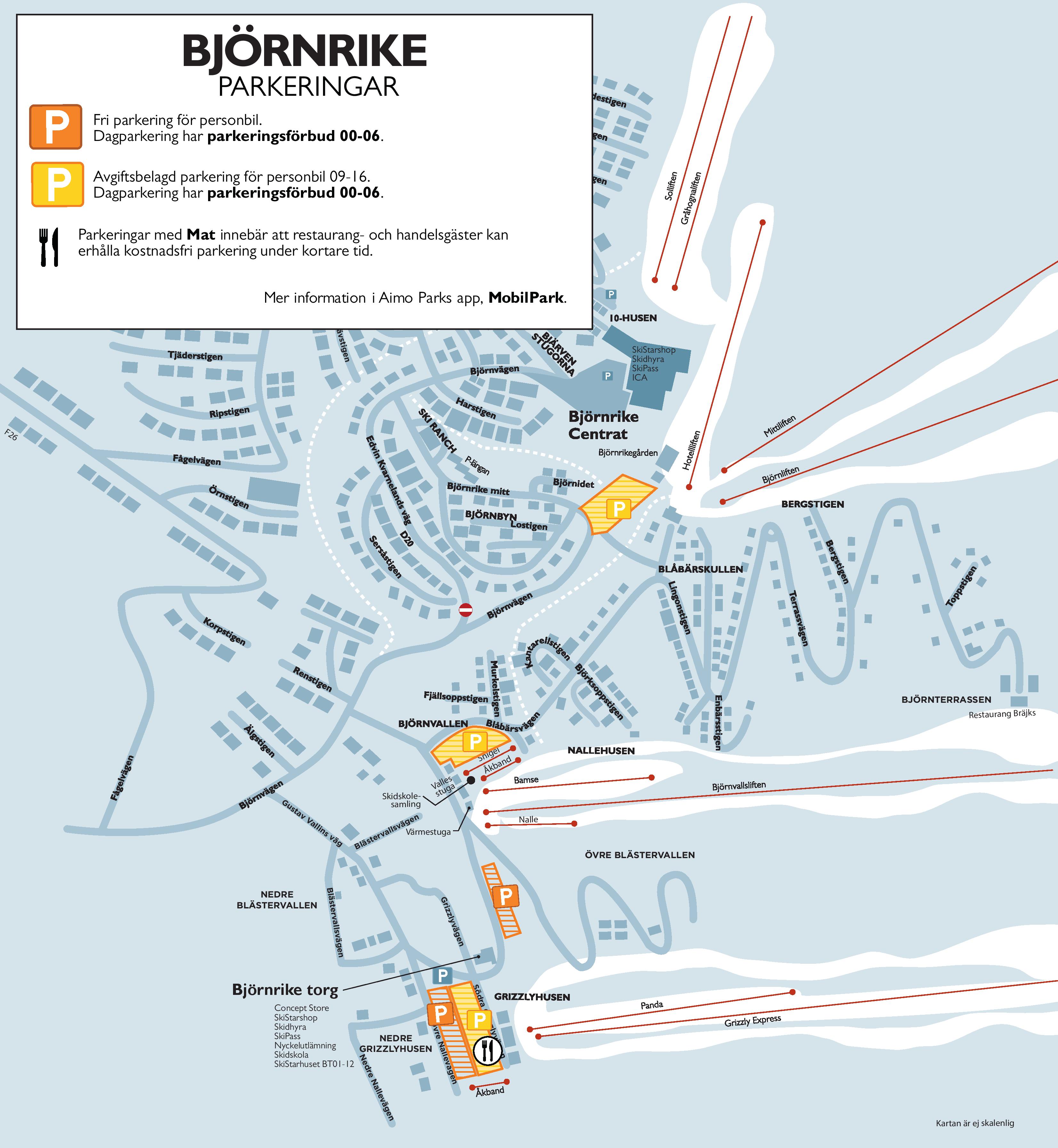 Karta över Björnrike parkeringsplatser i Sverige, med information om fri och avgiftsbelagd parkering. Platser markerade för parkering nära Björnvallen och Björnrike torg