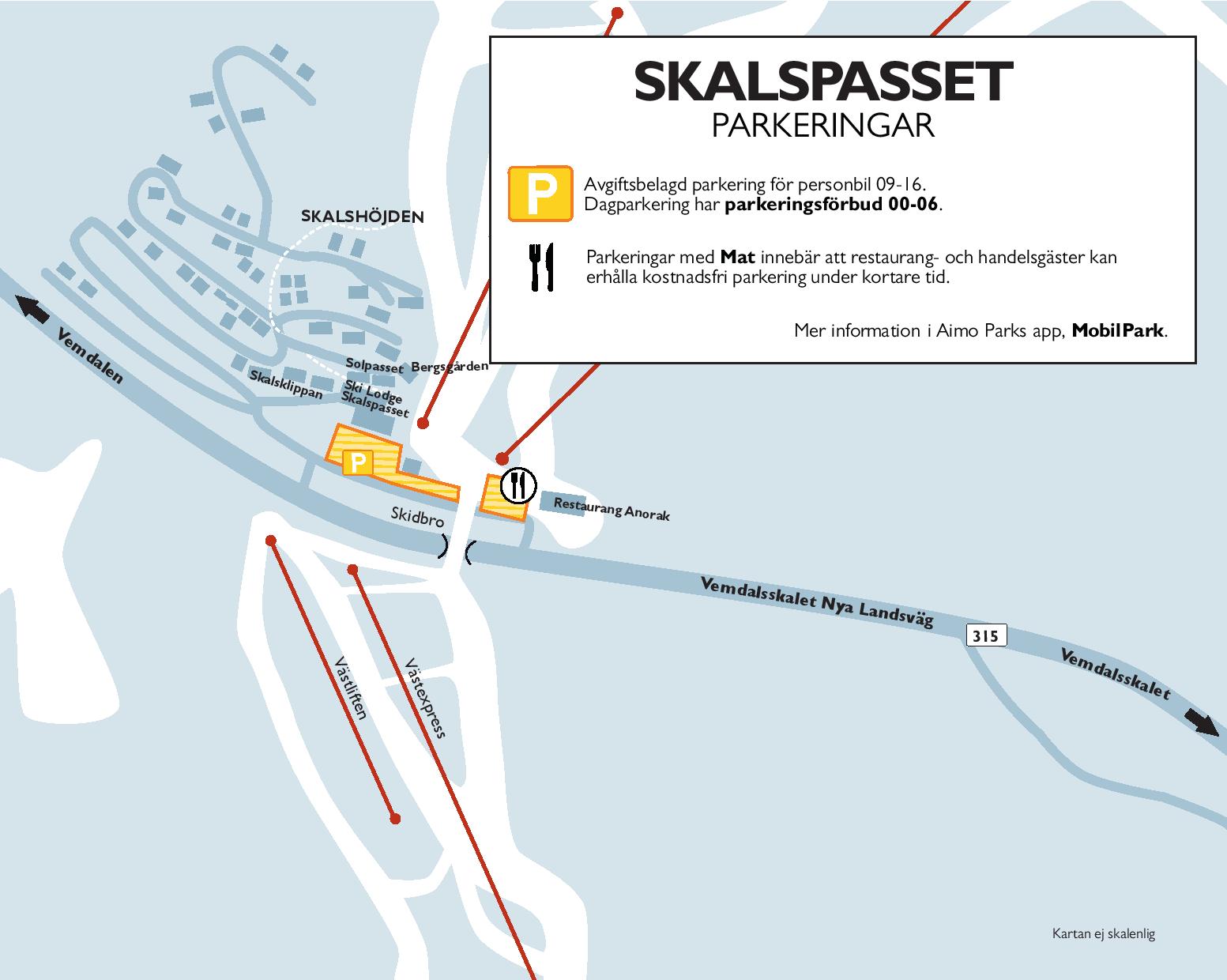 Karta över Skalspasset parkering i Vemdalen med parkeringsinformation, inklusive avgiftstider 09-16 och parkeringsförbud 00-06. Markerade platser för restauranger och skidområde. Ytterligare information finns i Aimo Parks app, MobilPark