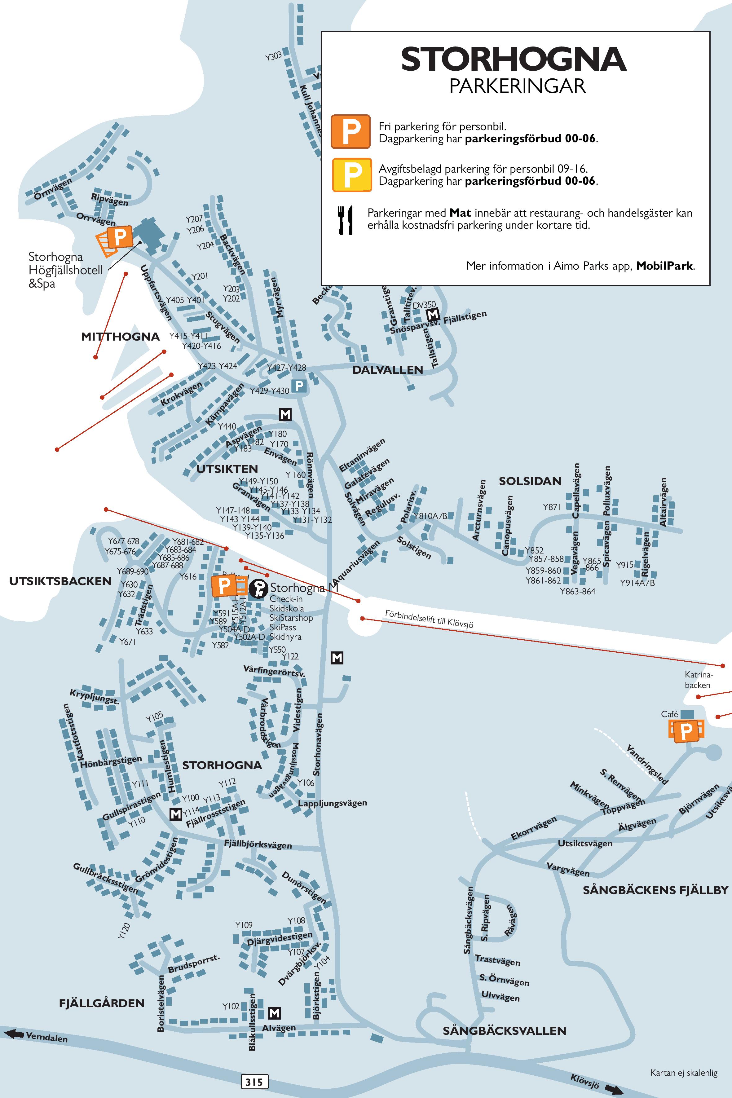 Karta över parkeringar i Storhogna, inklusive information om fri och avgiftsbelagd parkering. Markerade P-platser nära Storhogna Högfjällshotell & Spa och andra viktiga områden som Utsiktsbacken, Fjällgården och Sångbäcksvallen. Informationen inkluderar öppettider och parkeringsvillkor