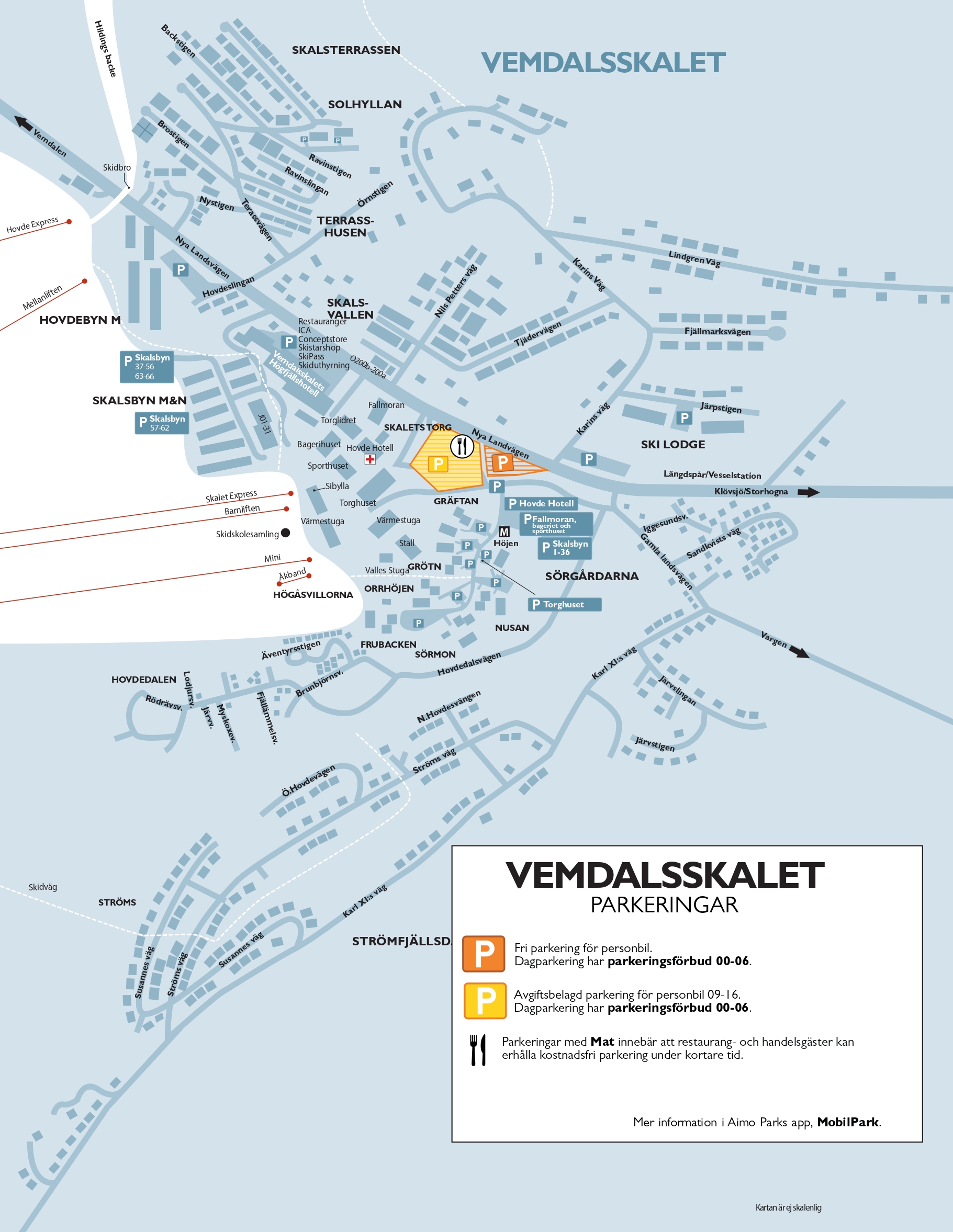 Karta över Vemdalsskalet med parkeringsinformation. Markerade områden visar parkeringar vid Skalets torg och närliggande områden som Skalsbyn och Hovdeby. Vägledning för fri och avgiftsbelagd parkering samt instruktioner för dagparkering och restaurangnära parkeringar
