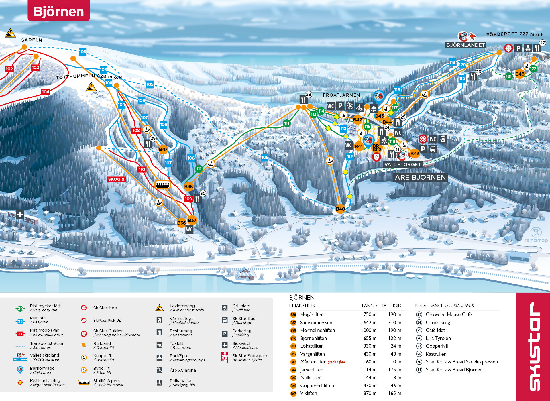 Skiområdet Åre Björnen pistekort med skiløjper, lifte og faciliteter markeret. Kortet viser forskellige sværhedsgrader på pisterne ved hjælp af farvekoder samt placeringen af restauranter, toiletter og parkeringsområder. Perfekt til planlægning af en skiferie i Björnen i Åre