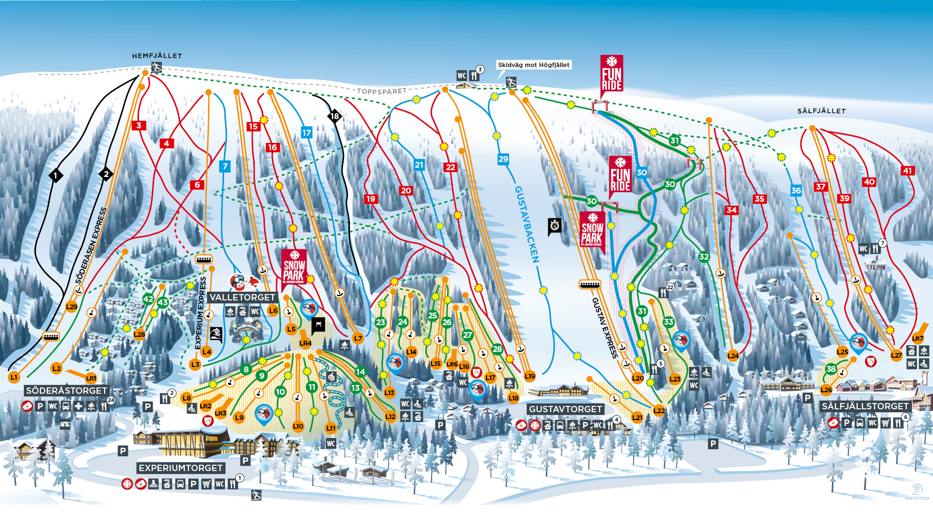 Skidkarta över Sälenfjällen med pister och liftar. Områden som Hemfjället, Gustavbacken och Sälfjället visas. Markeringar för svårighetsgrad och faciliteter som Snow Park och Fun Ride är inkluderade