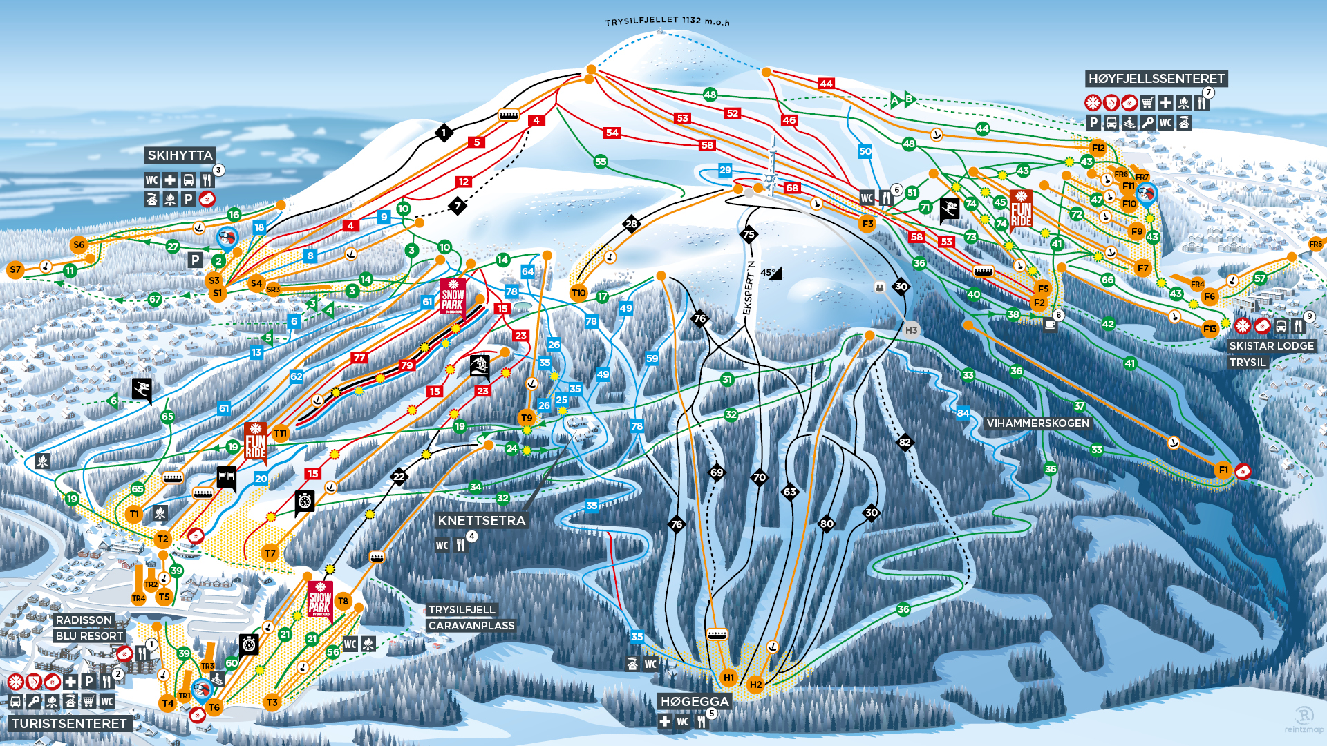 Map of Trysil's ski slopes with various difficulty levels marked. Show lifts and facilities such as ski lodges and accommodations. Perfect for planning a ski vacation in a popular ski destination in Norway
