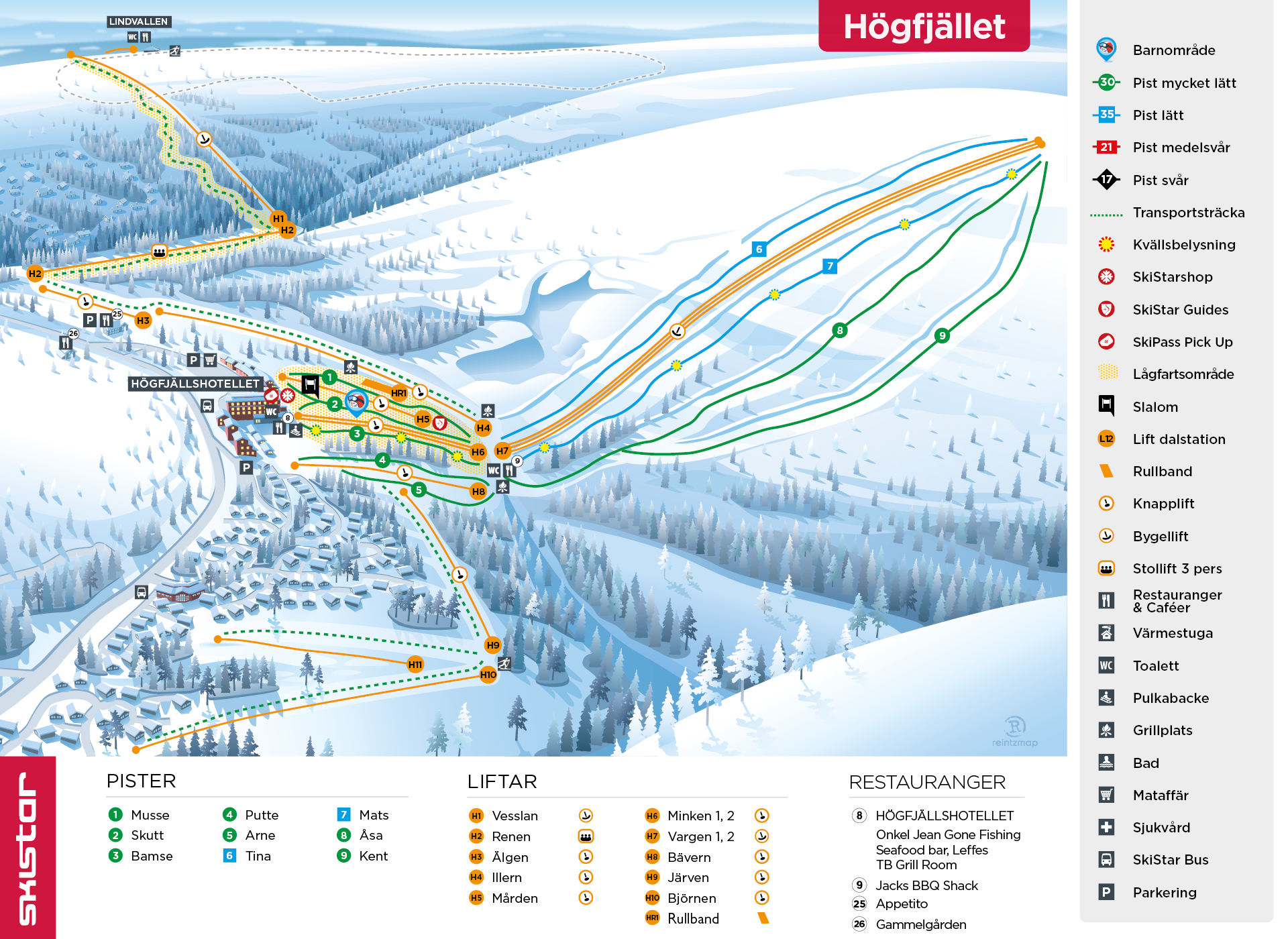 Karta över skidområdet Högfjället i Sälen, Sverige, med markeringar av pister, liftar och faciliteter. Innehåller information om olika svårighetsgrader på backar och restauranger