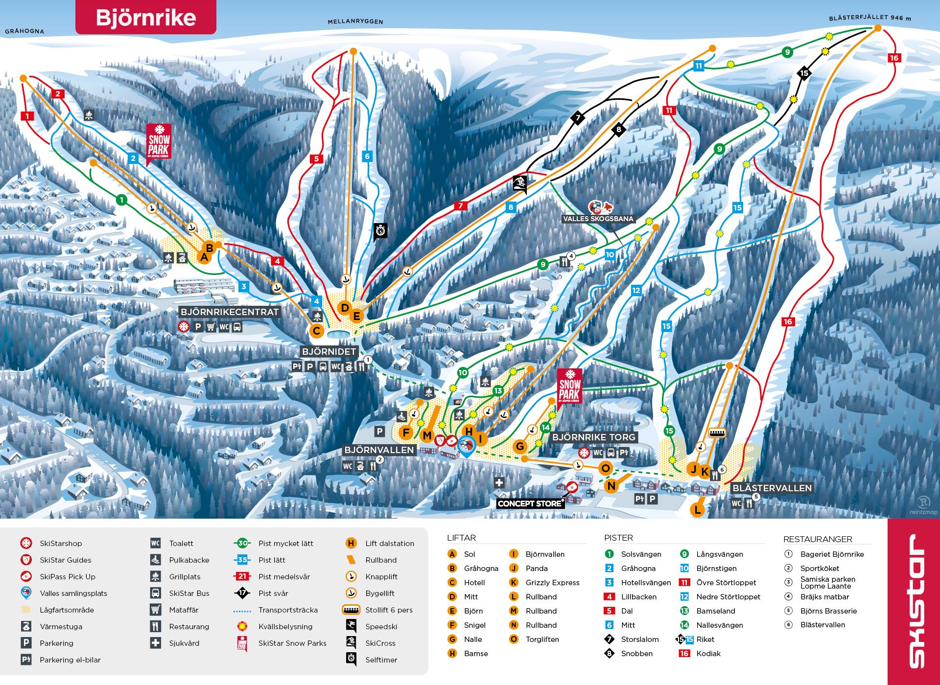 Karte des Skigebiets Björnrike in Schweden mit Pisten, Liften und Restaurants. Verschiedene Pistenniveaus sind mit Farben markiert: Grün für leicht, Blau für mittelschwer und Rot für schwer. Wichtige Punkte sind Björnrike Torg, das Björnrikezentrum und der Snow Park