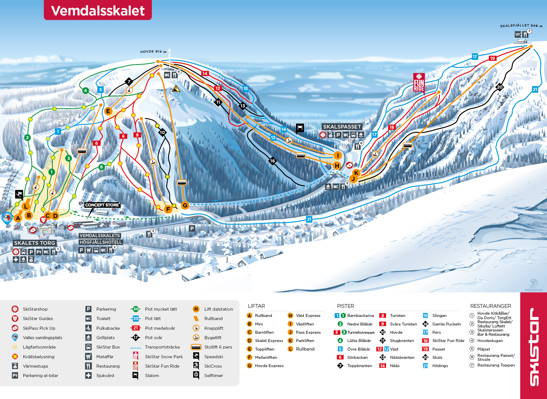 Karte des Skigebiets Vemdalsskalet mit Pistennummern und markierten Liften. Das Gebiet zeigt verschiedene Schwierigkeitsgrade von grün bis schwarz sowie Einrichtungen wie Restaurants und Parkplätze. Das Design der Skikarte enthält Details zur einfacheren Navigation im Skigebiet