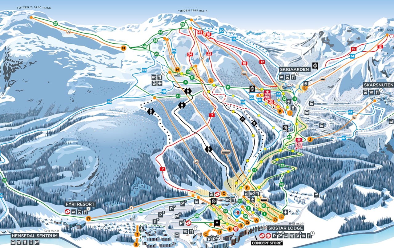 Kart over skianlegg i Hemsedal, Norge, med løyper og heiser tydelig markert. Kartet viser ulike vanskelighetsgrader og fasiliteter som skihytter og parkeringsplasser