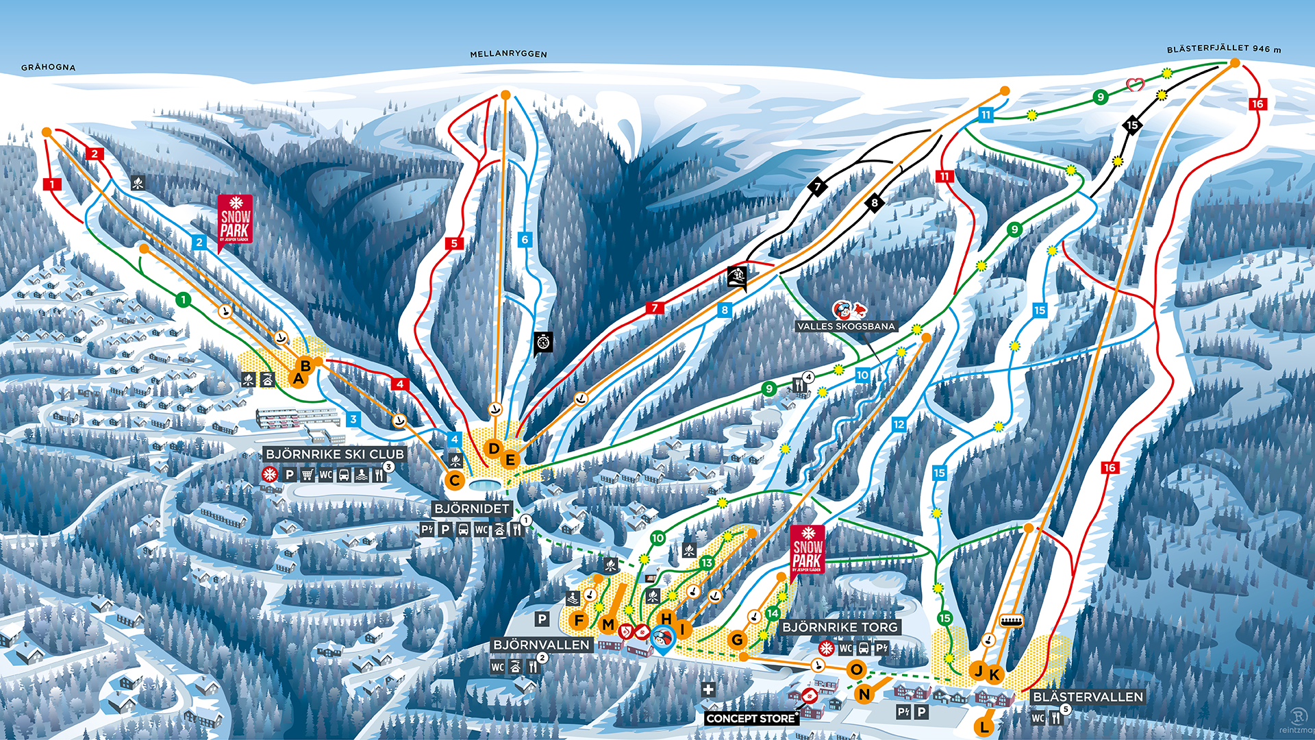 Björnriket ski resort map illustrating various slopes, lifts, and facilities. Includes designated routes for different skill levels, snow parks, and areas like Björnriket Ski Club and Björnvallen. Enhanced with snow-covered landscape and detailed markings for navigation