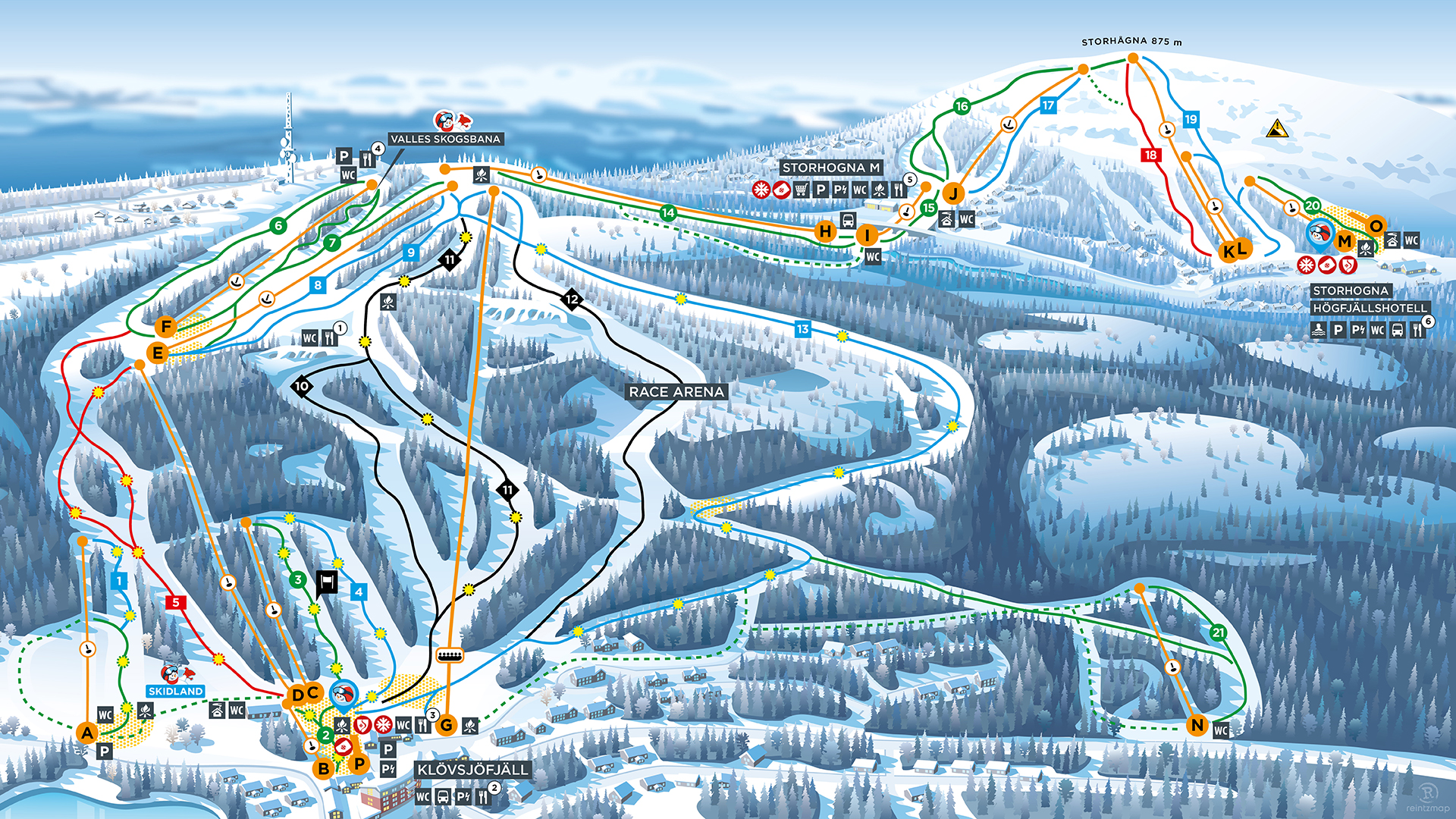 Ski resort trail map featuring various marked ski runs, lifts, and facilities in a snowy mountainous landscape. Paths are color-coded with symbols indicating difficulty levels, ski lifts, and amenities like parking and restrooms