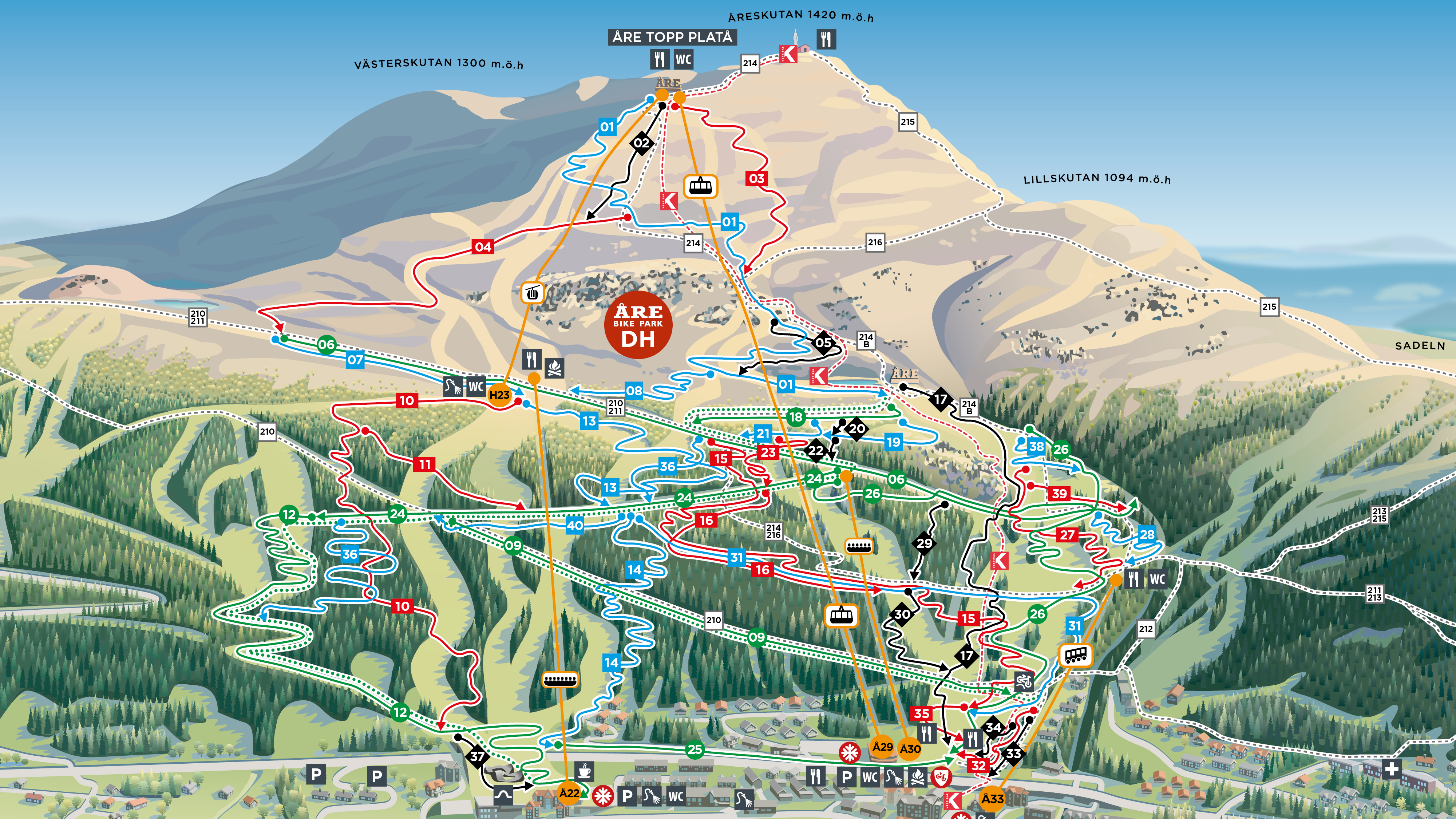 Karta över Åre Bike Park med markerade mountainbikeleder och liftar. Visar olika svårighetsgrader och leder på Åreskutan, inklusive Västerskutan och Lillskutan