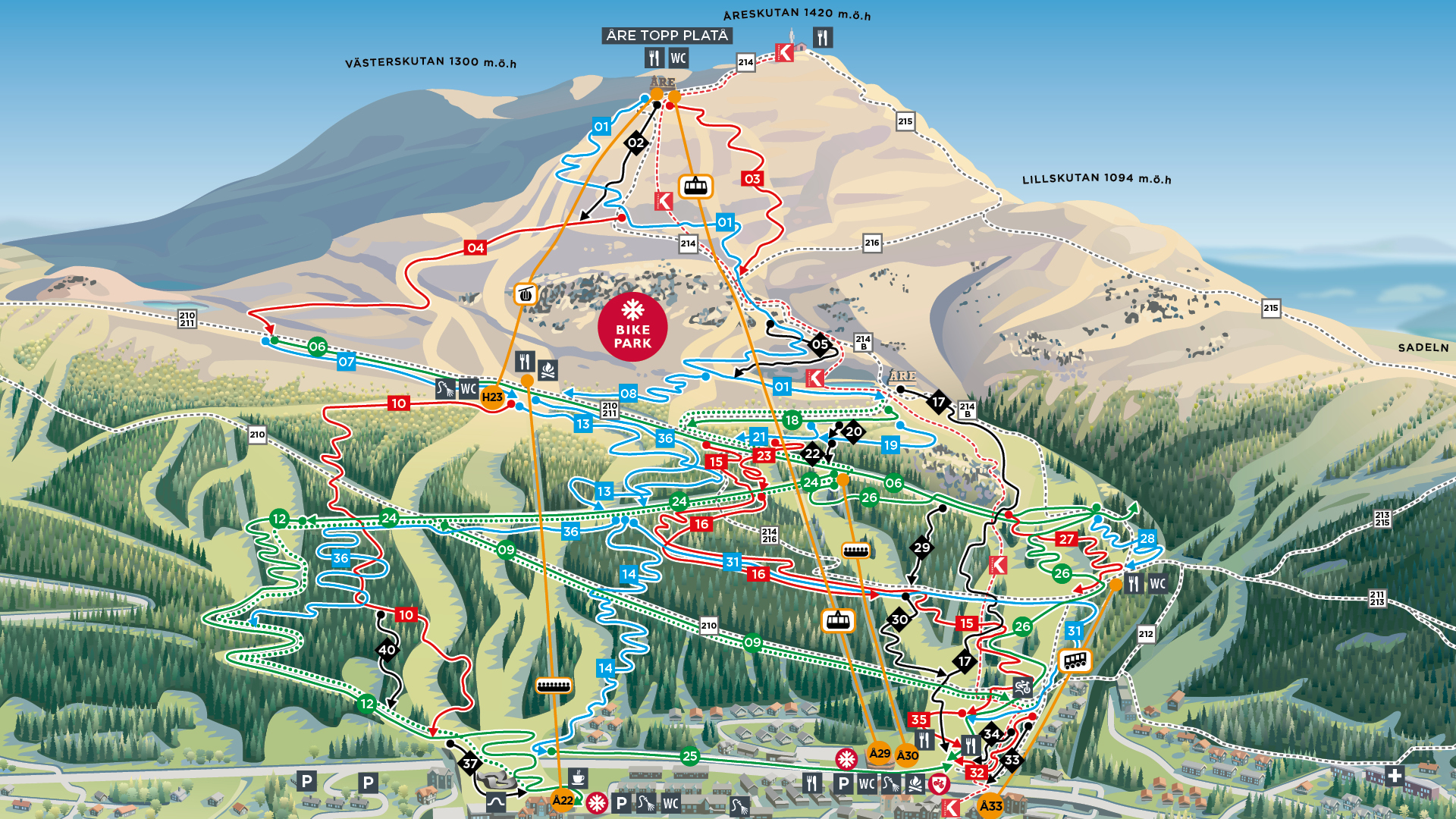 Kart over Åre sykkelpark med stier og heiser, viser ulike terrengruter i fjellandskapet med fargekoder for vanskelighetsgrad. Toppstasjoner og fasiliteter som parkering er avmerket