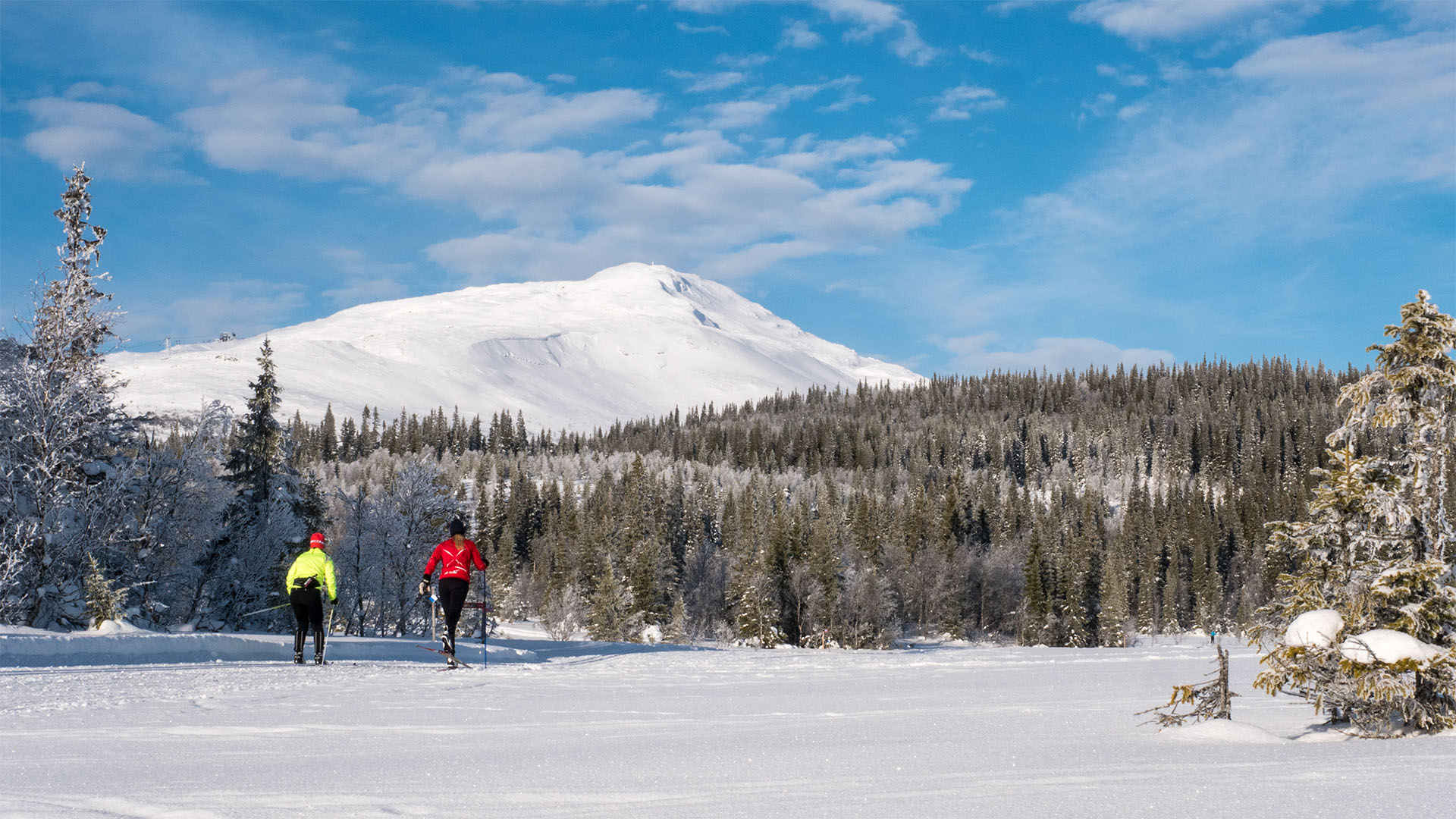 Två personer åker längdskidor i snötäckt fjällandskap med snöklädda träd och berg under en klarblå himmel i Jämtland, Sverige