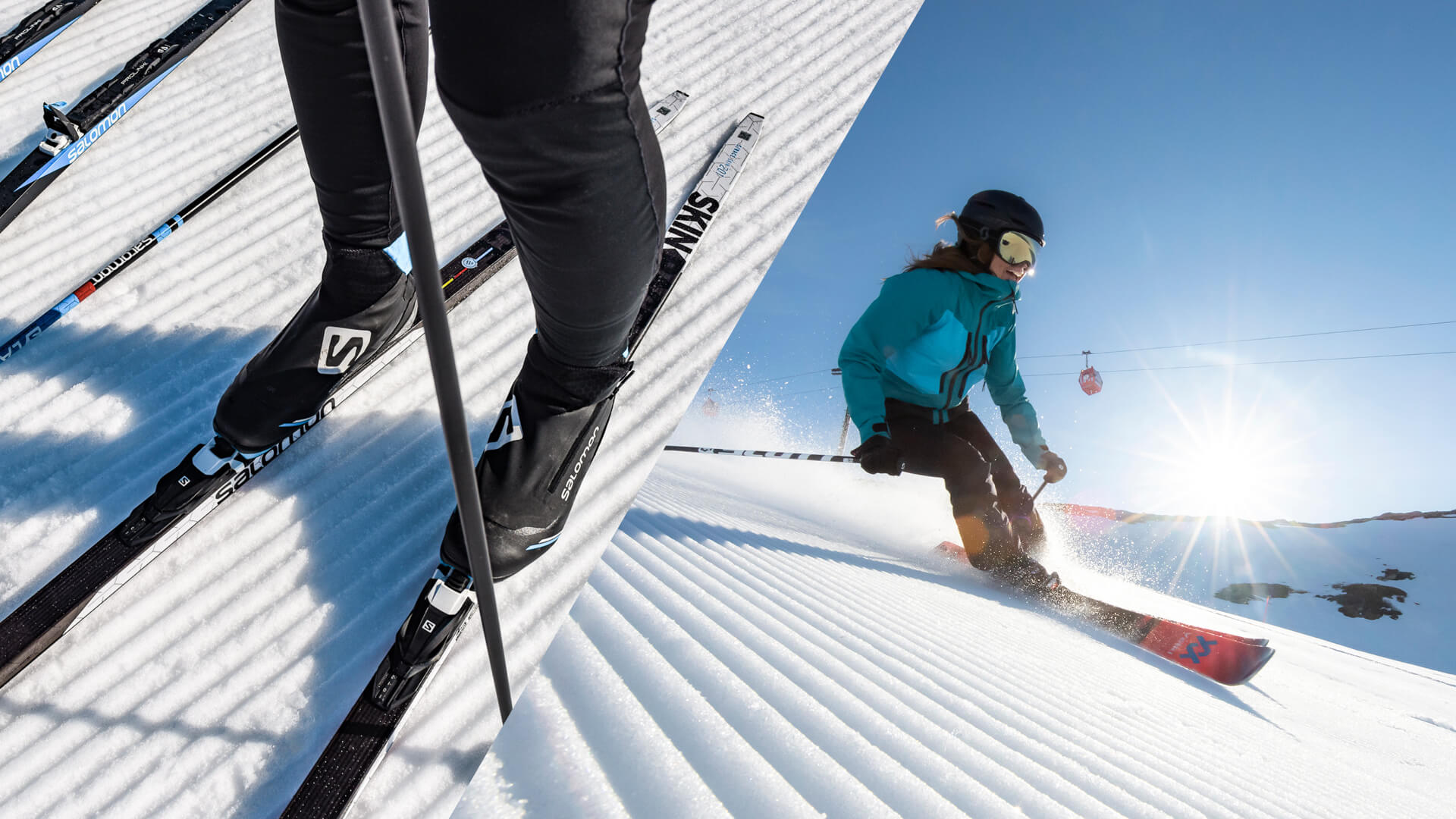 Person åker längdskidor i närbild, medan en annan person susar nerför en solig skidbacke. Klarblå himmel och nejder täckta av snö i bakgrunden