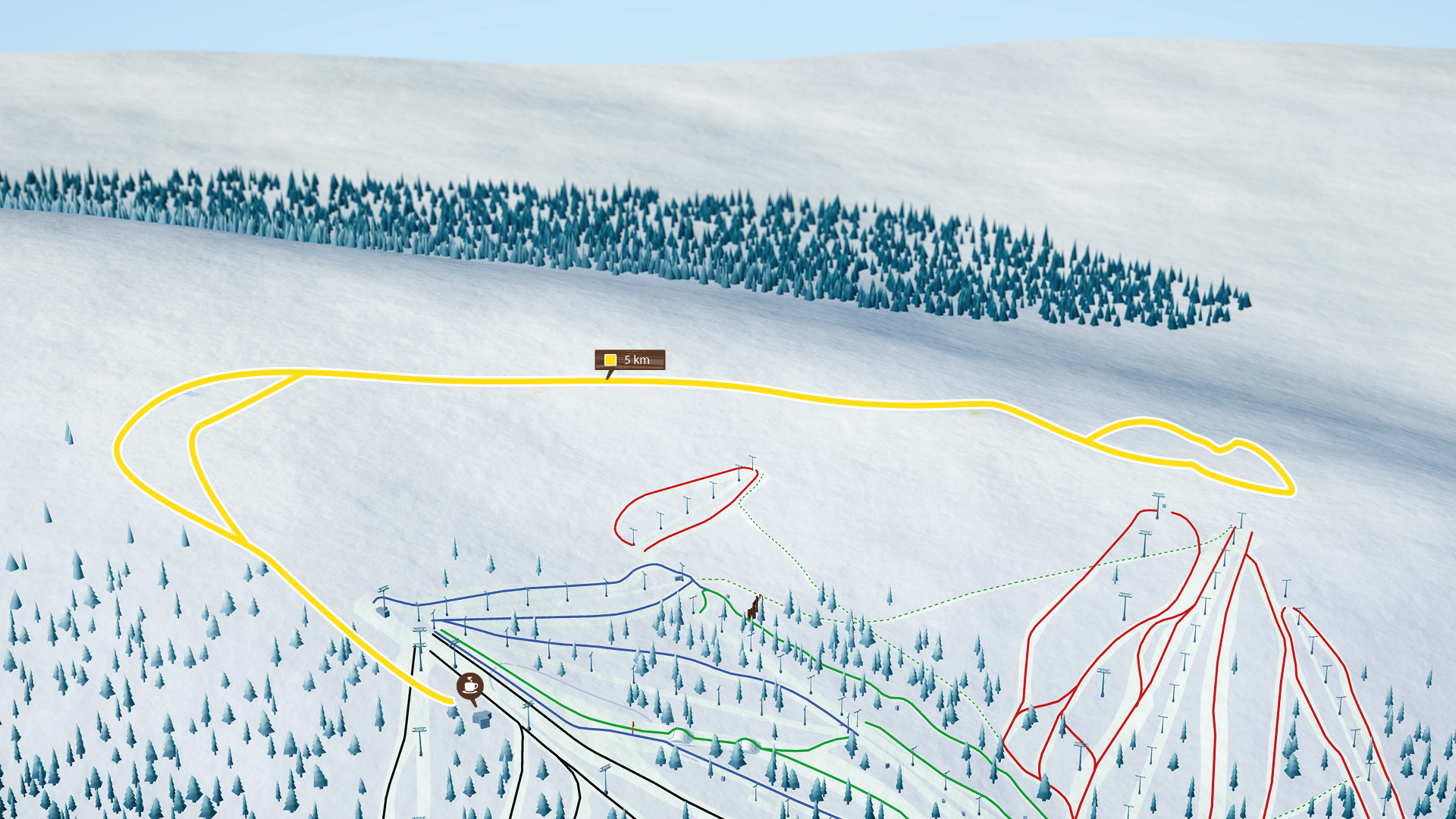 Karta över skidbacke med markerade spår i olika färger, inklusive en gul rutt på 5 km, omgiven av snötäckta träd