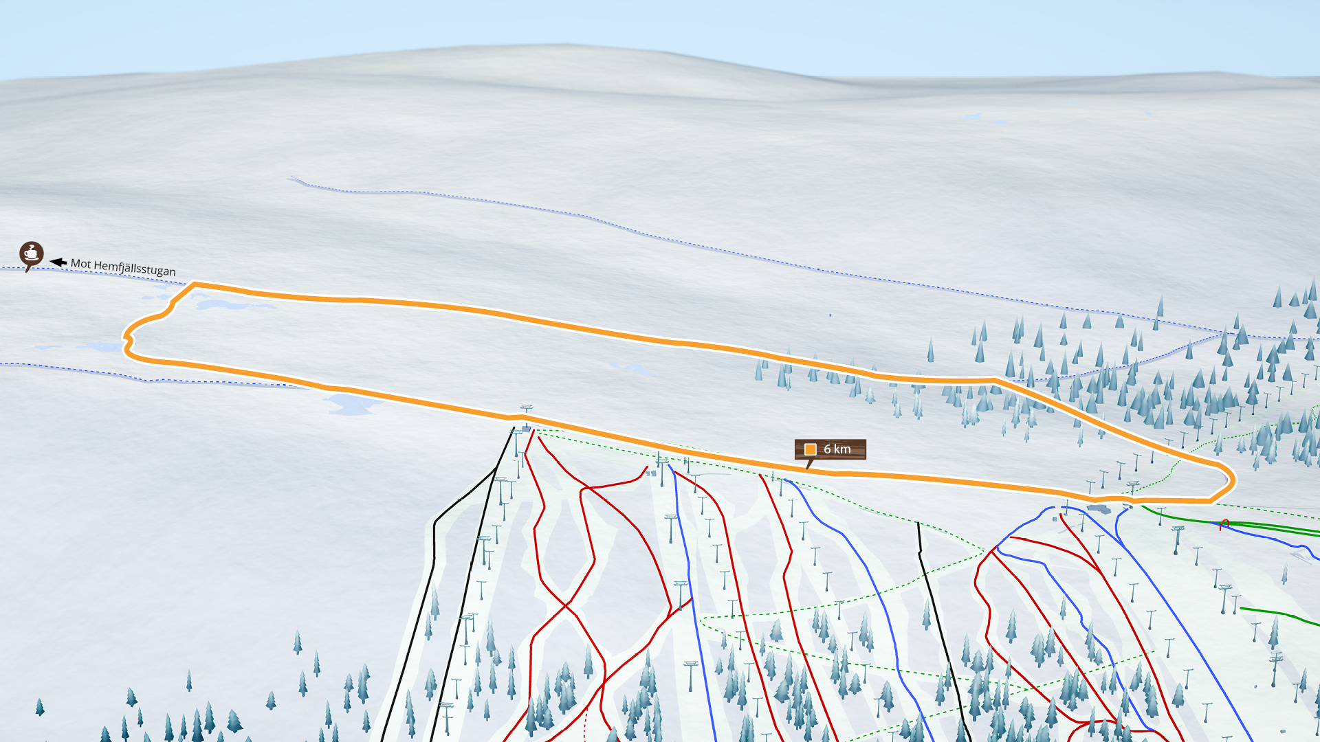 Skidpistkarta som visar spår och nedfarter i ett snöigt bergslandskap, med en markerad stig på 6 km som leder till en fjällstuga