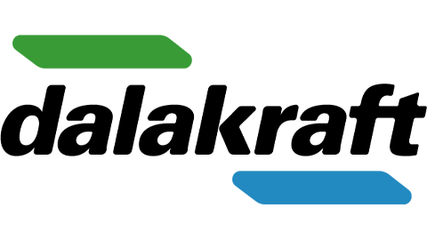 Logotyp för Dalakraft, med svart text med gröna och blå inslag 