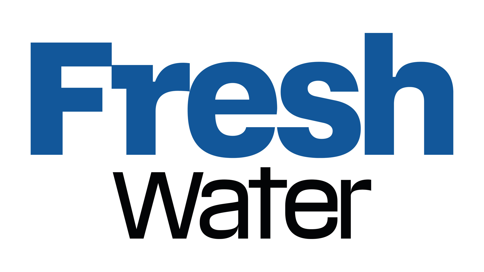 Logo med texten "Fresh Water" i blått och svart, symboliserar renhet och fräschhet
