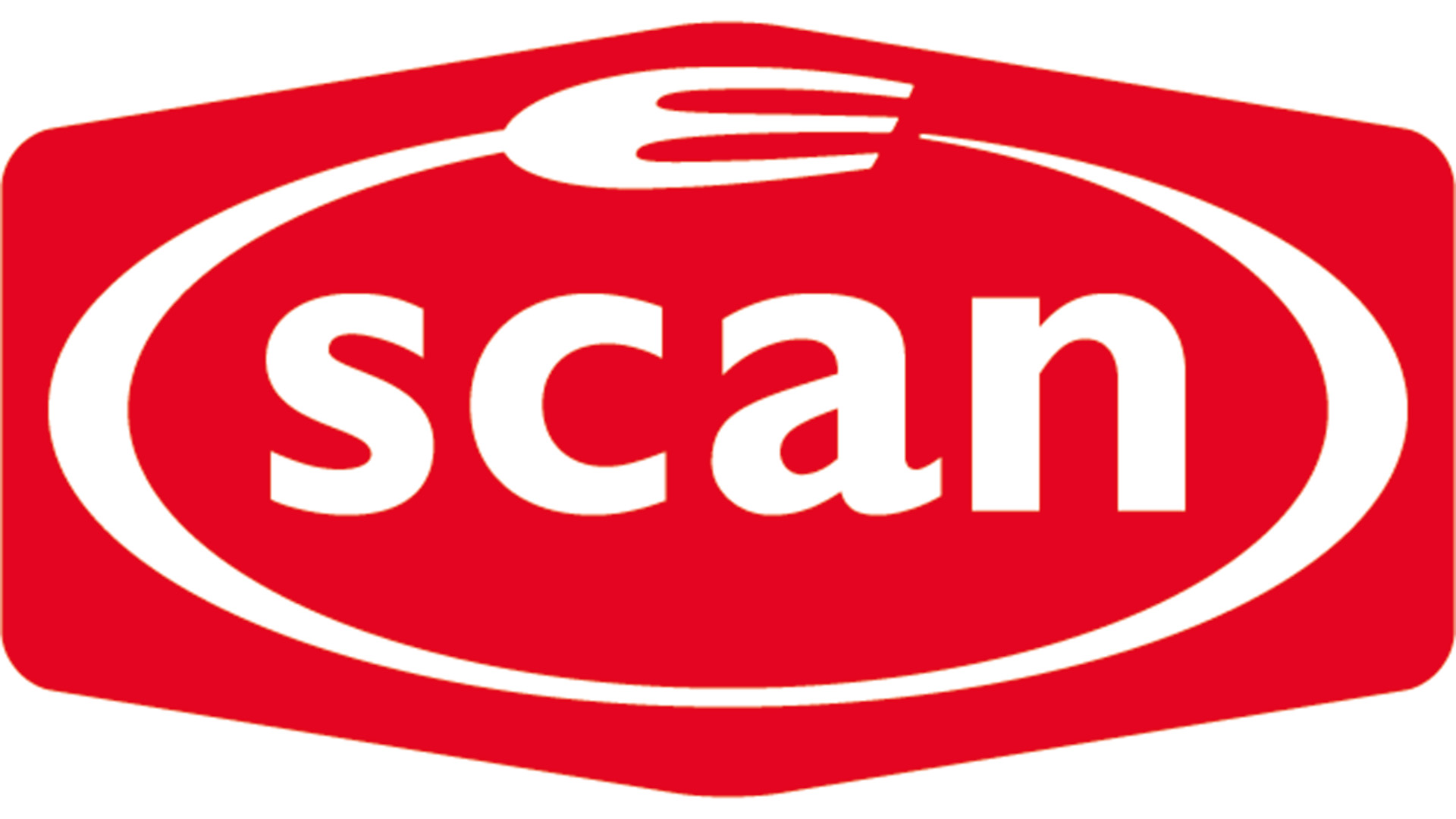 Röd och vit Scan-logotyp med stiliserad gaffel ovanför texten