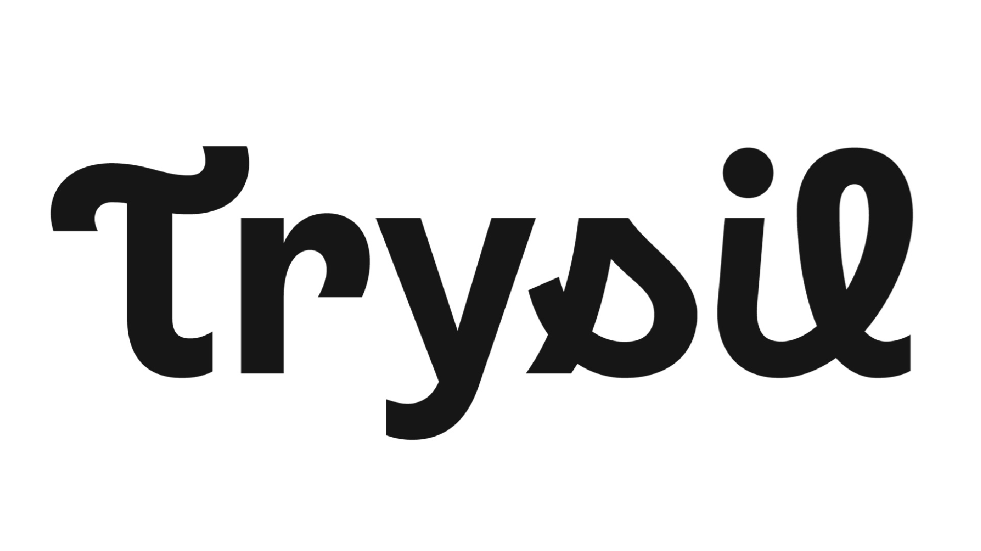 Logotyp med texten "Trysil" i stiliserad svart font på vit bakgrund