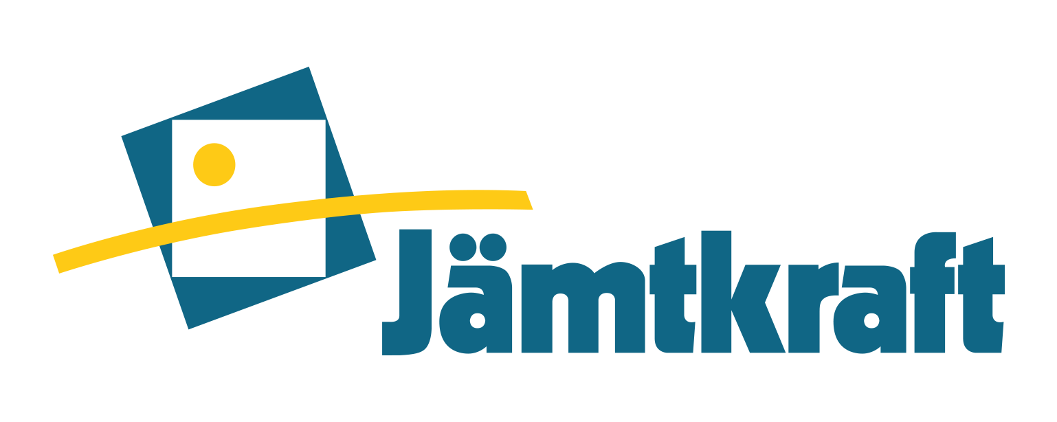 Jämtkraft logotyp med blå text och en gul linje över en kvadratisk symbol